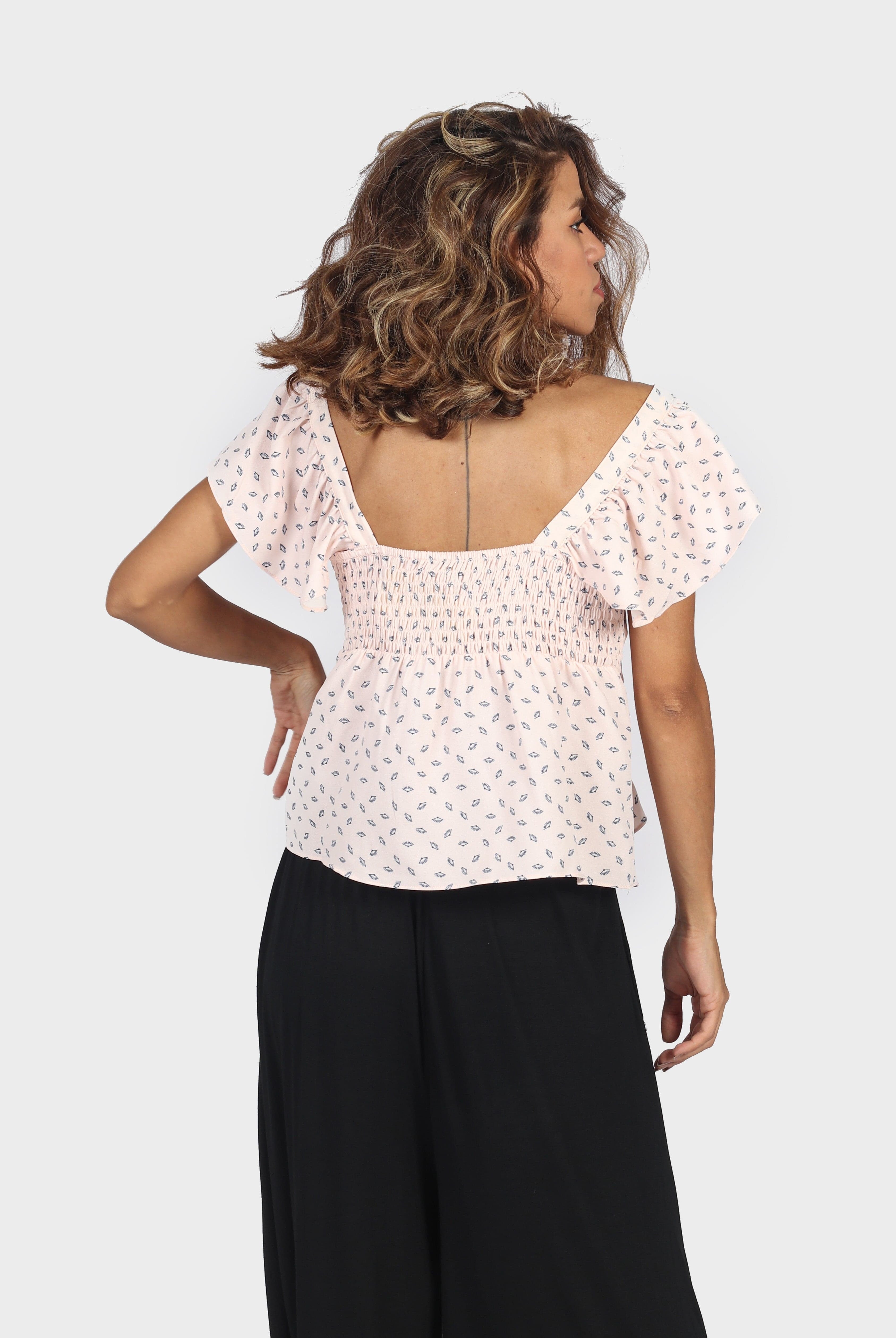 ميكا بلوزة منقوشة أوف شولدر كم قصير نسائي