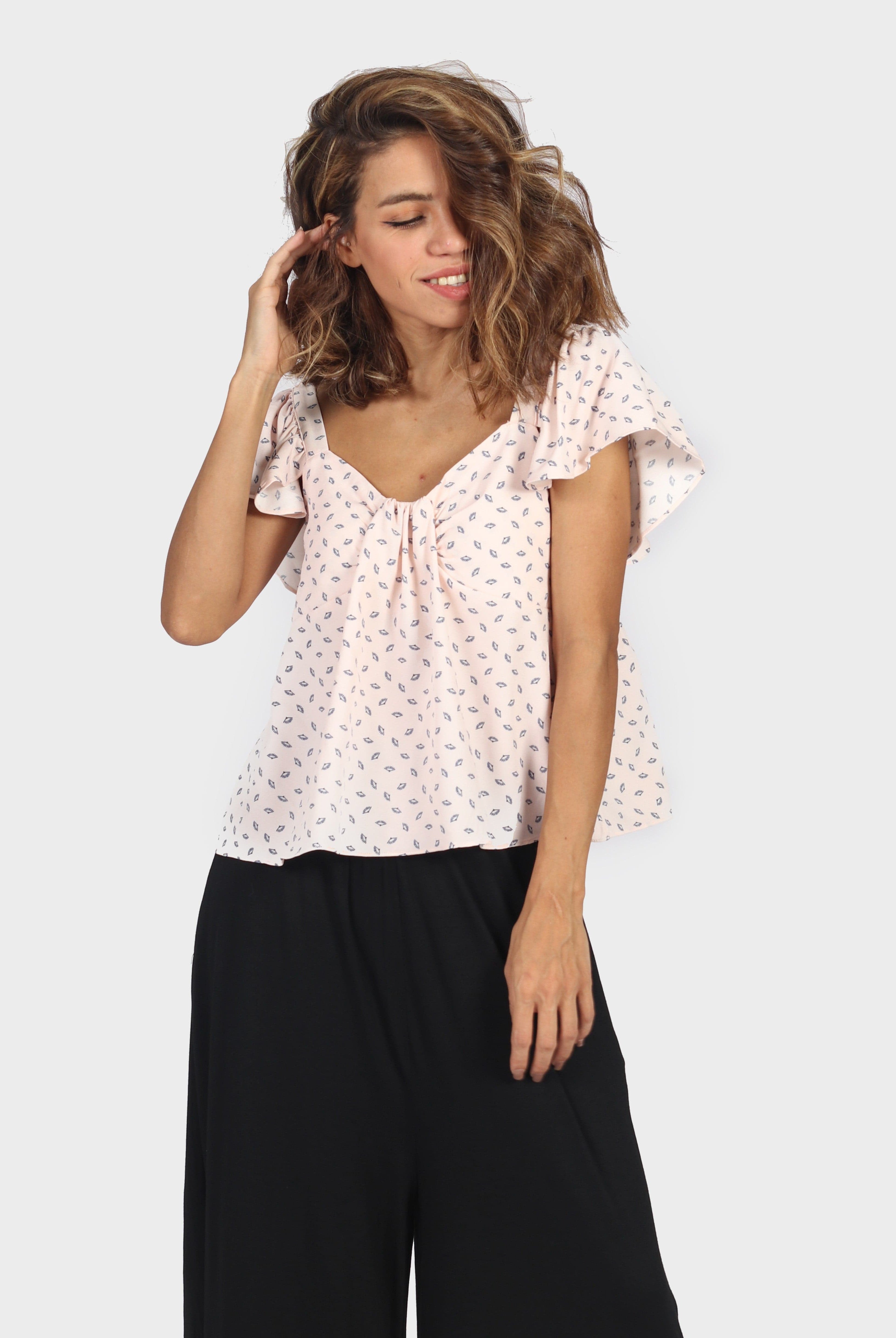 ميكا بلوزة منقوشة أوف شولدر كم قصير نسائي