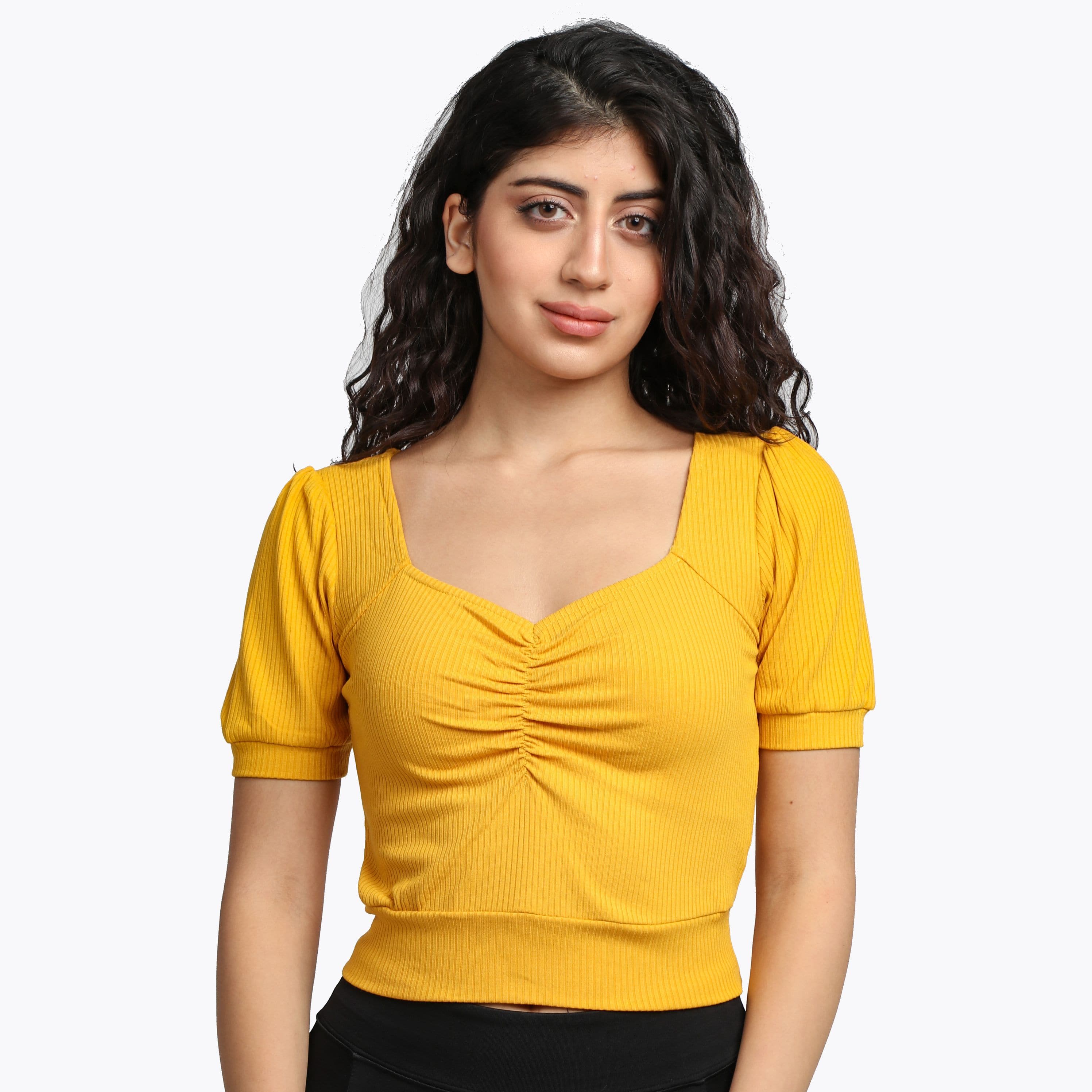 ميكا بلوزة سادة مضلعة بأكمام قصيرة نسائية