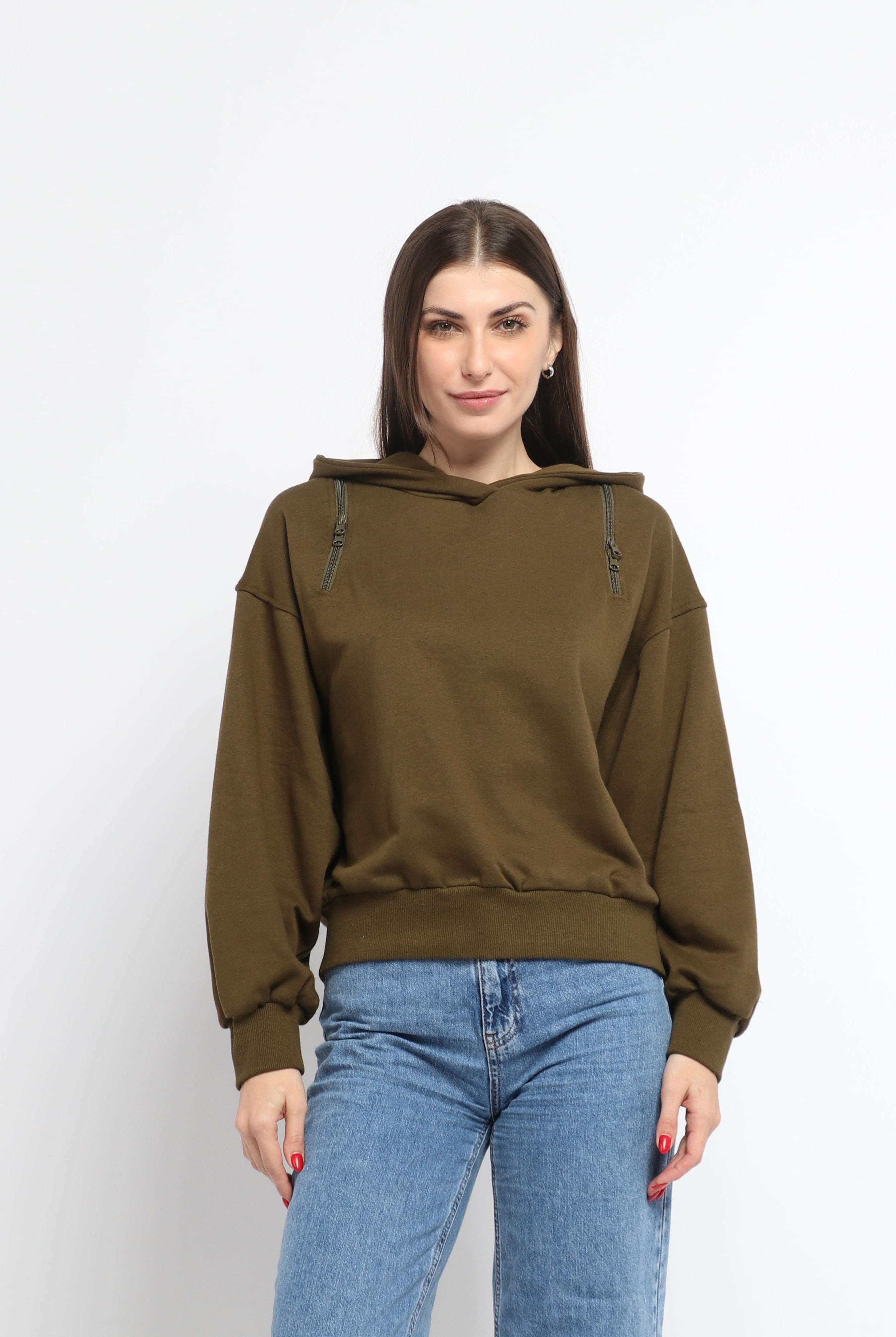 ميكا بلوزة على شكل هودي سادة بسحابات على الكتف بأكمام طويلة