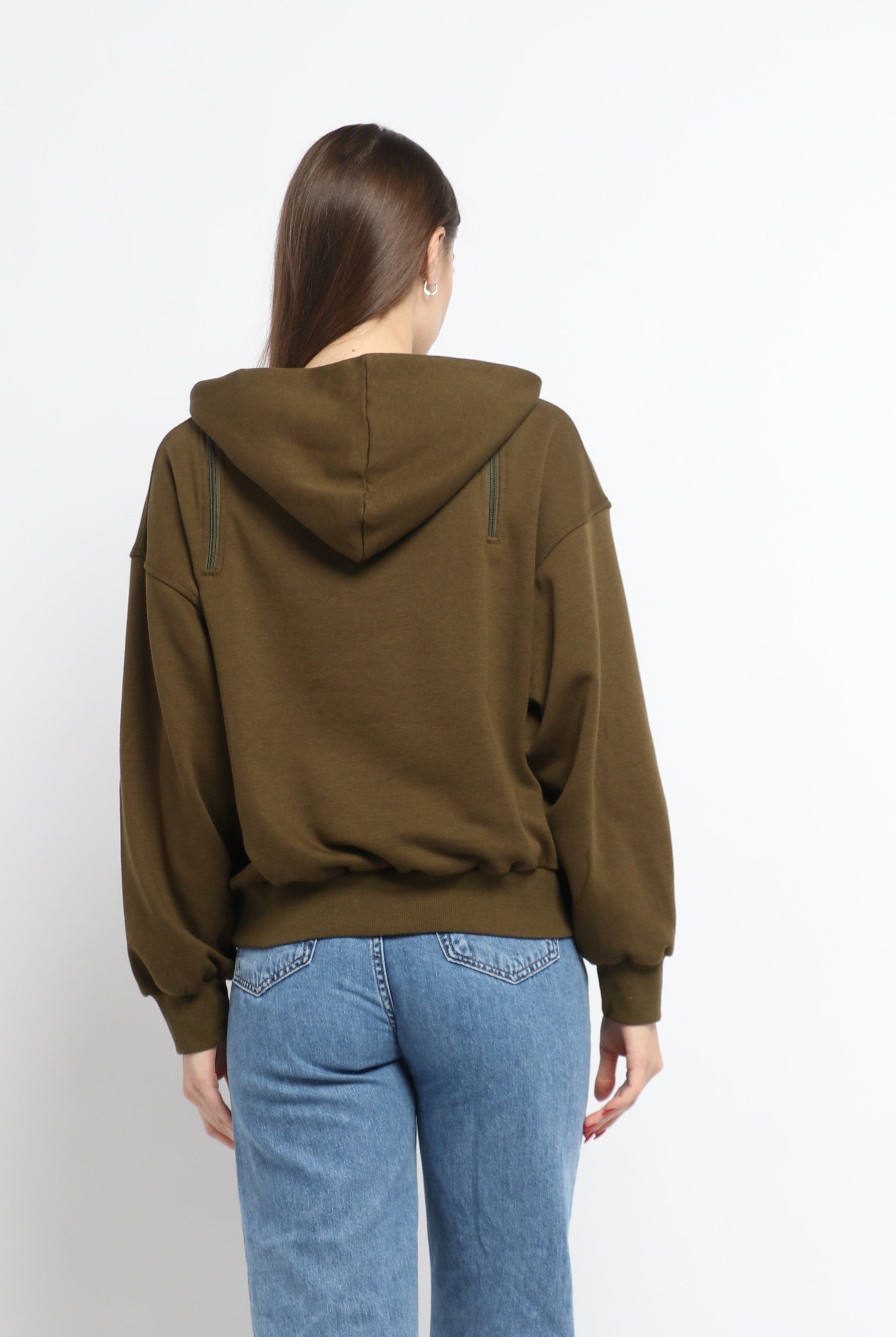 ميكا بلوزة على شكل هودي سادة بسحابات على الكتف بأكمام طويلة