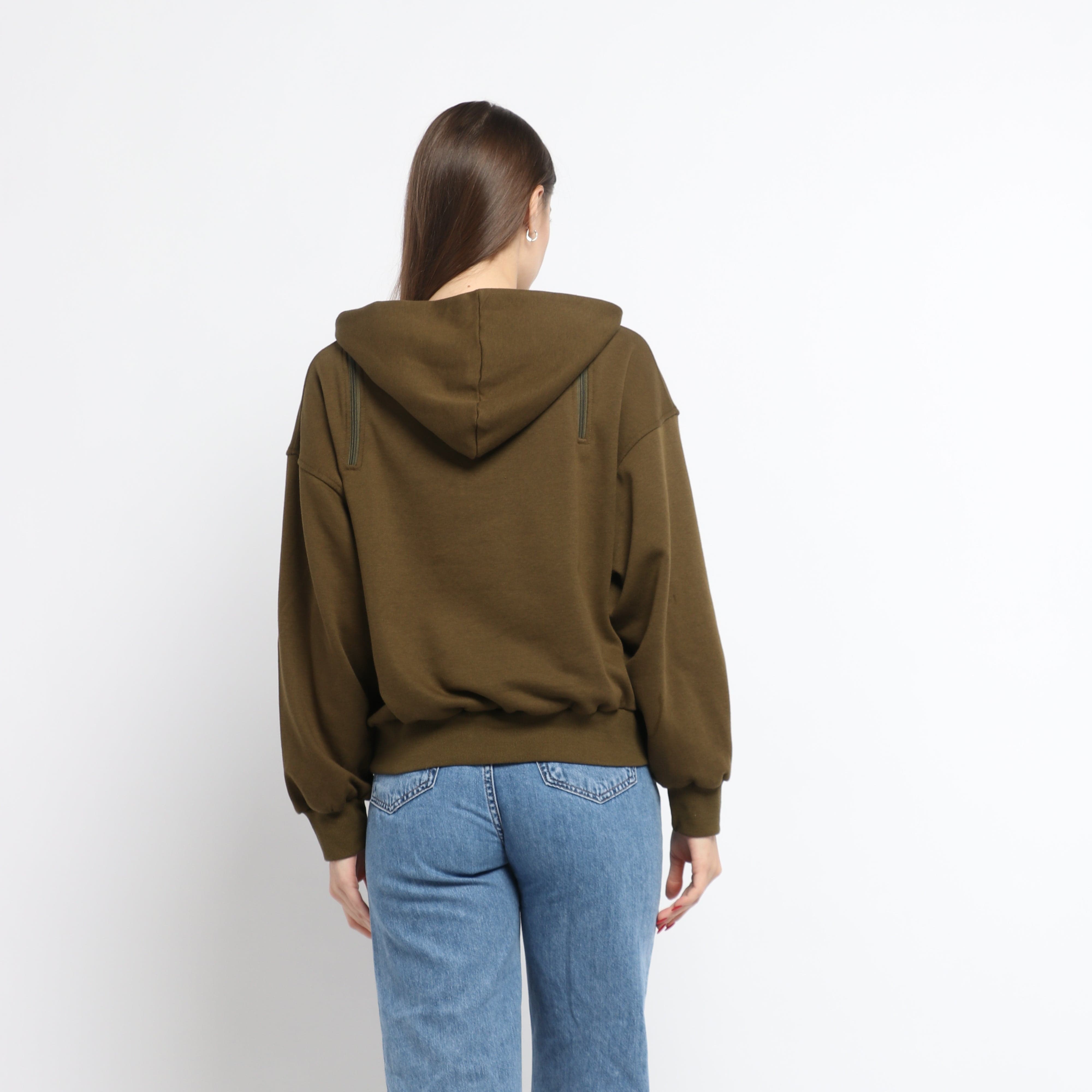 ميكا بلوزة على شكل هودي سادة بسحابات على الكتف بأكمام طويلة