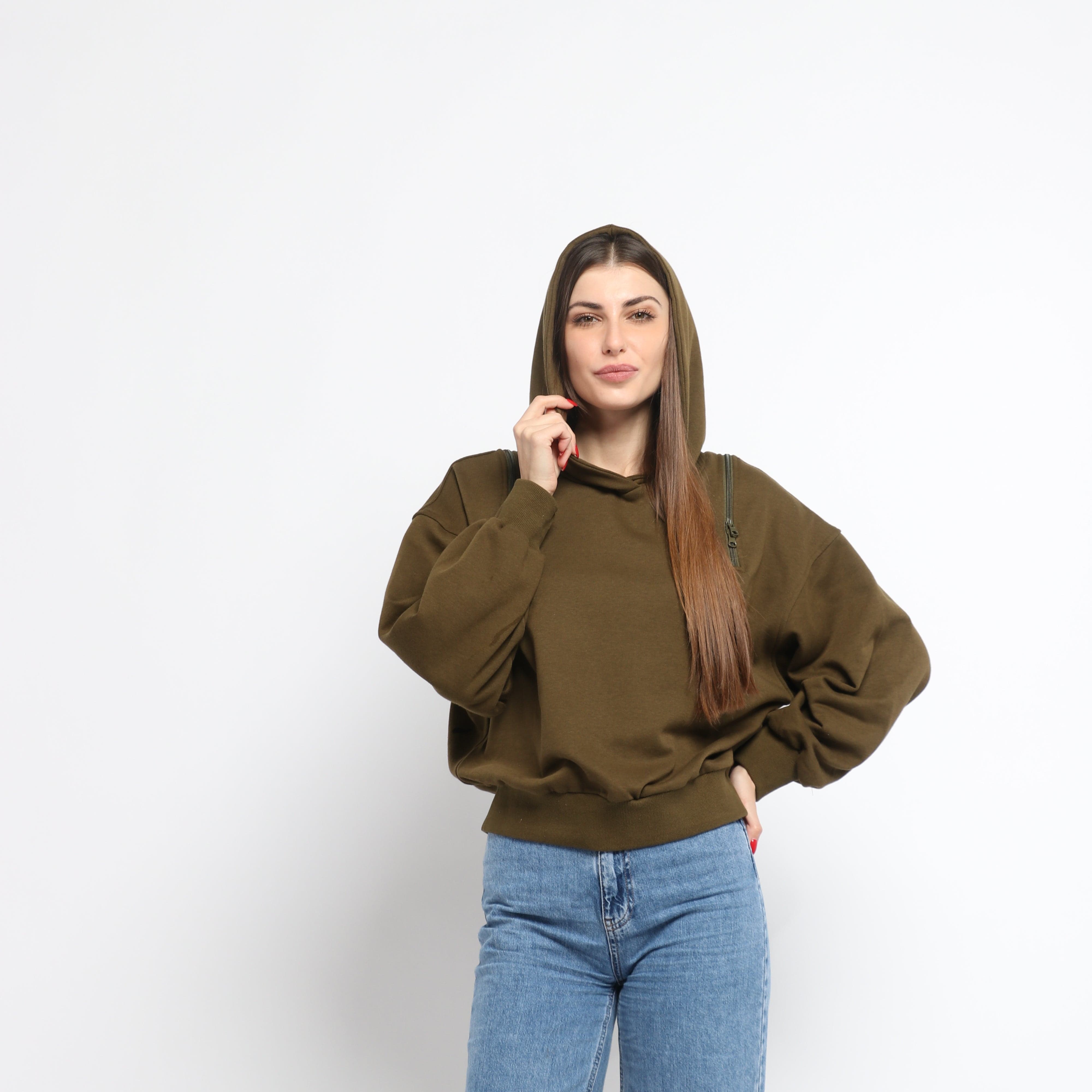 ميكا بلوزة على شكل هودي سادة بسحابات على الكتف بأكمام طويلة