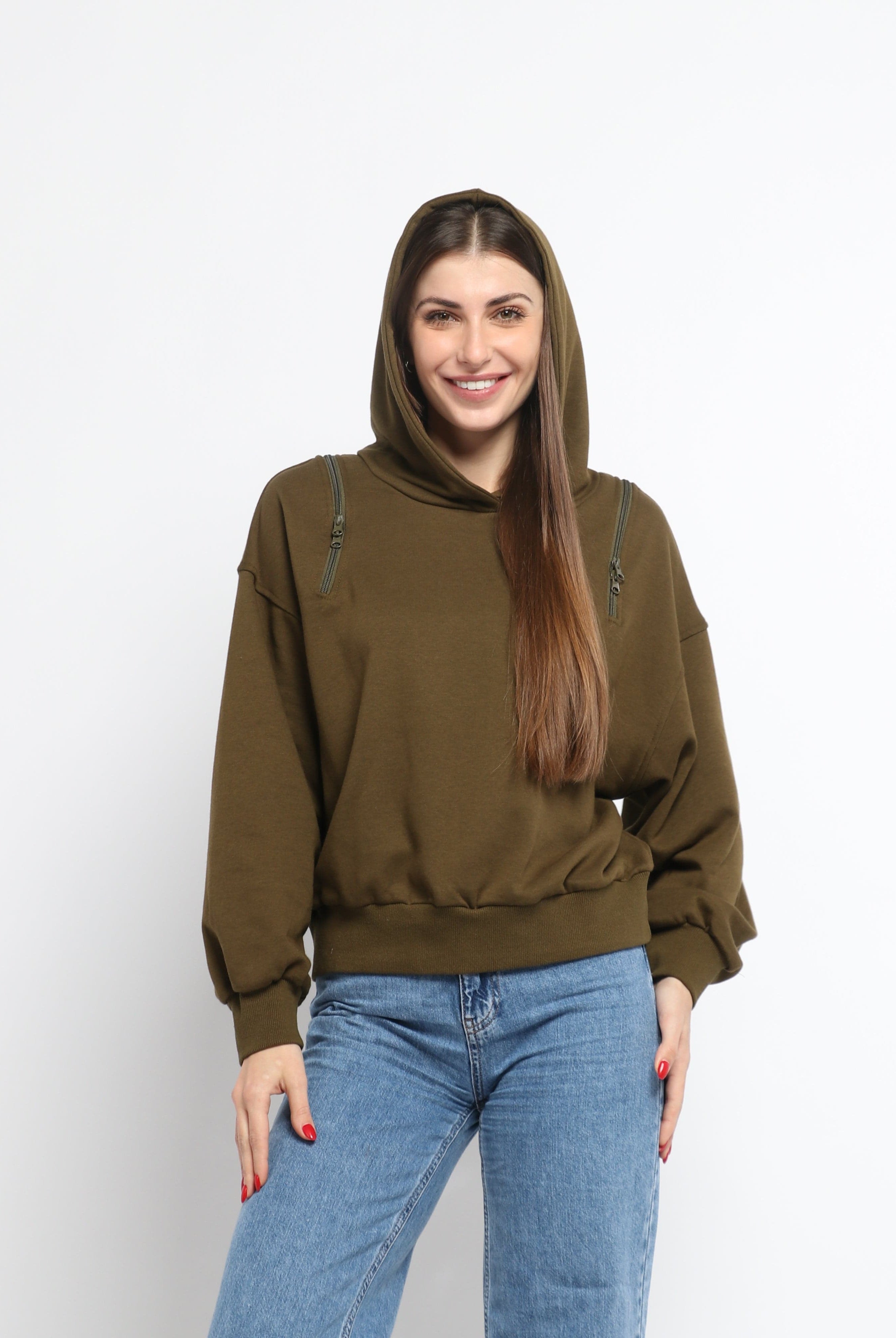 ميكا بلوزة على شكل هودي سادة بسحابات على الكتف بأكمام طويلة