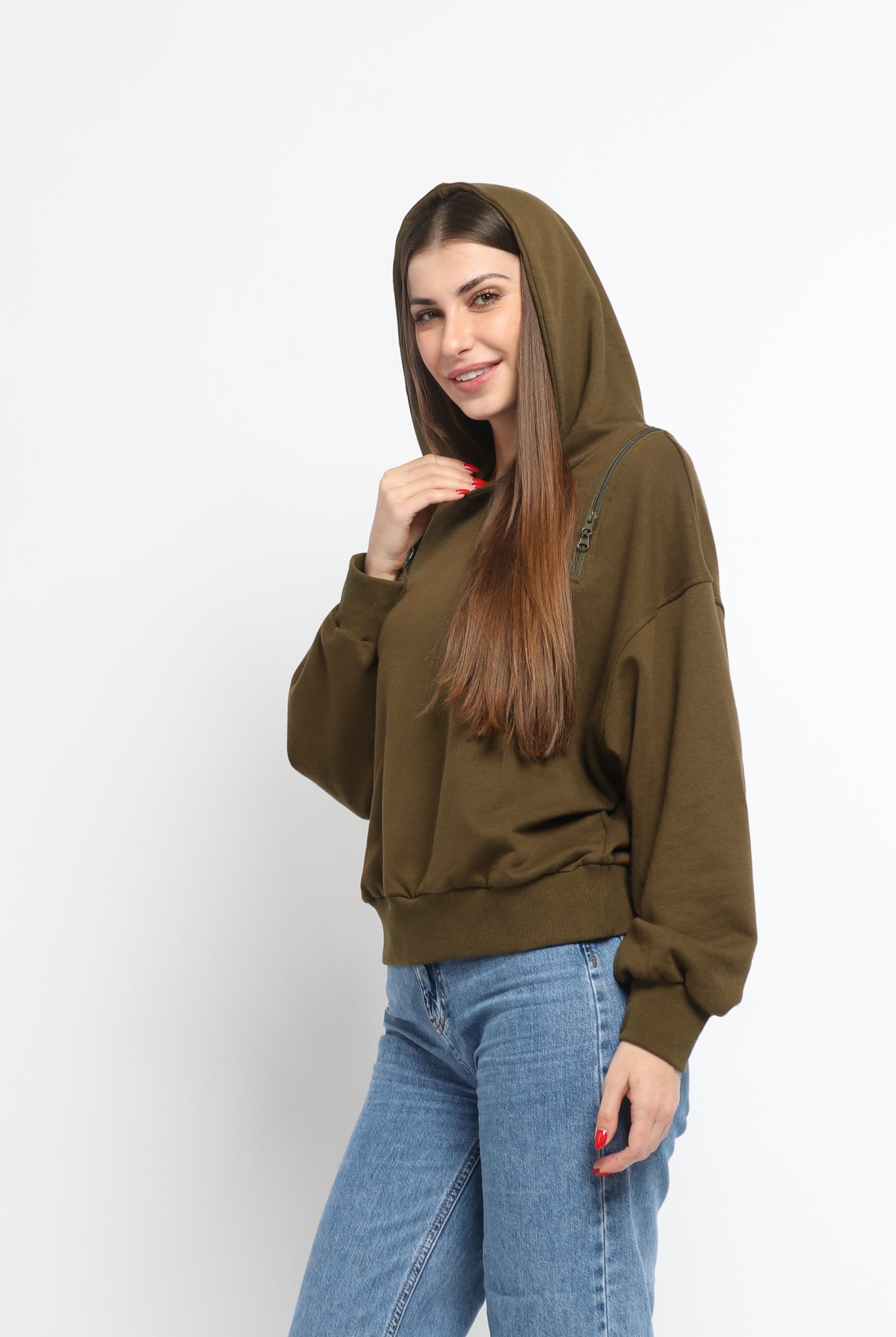 ميكا بلوزة على شكل هودي سادة بسحابات على الكتف بأكمام طويلة