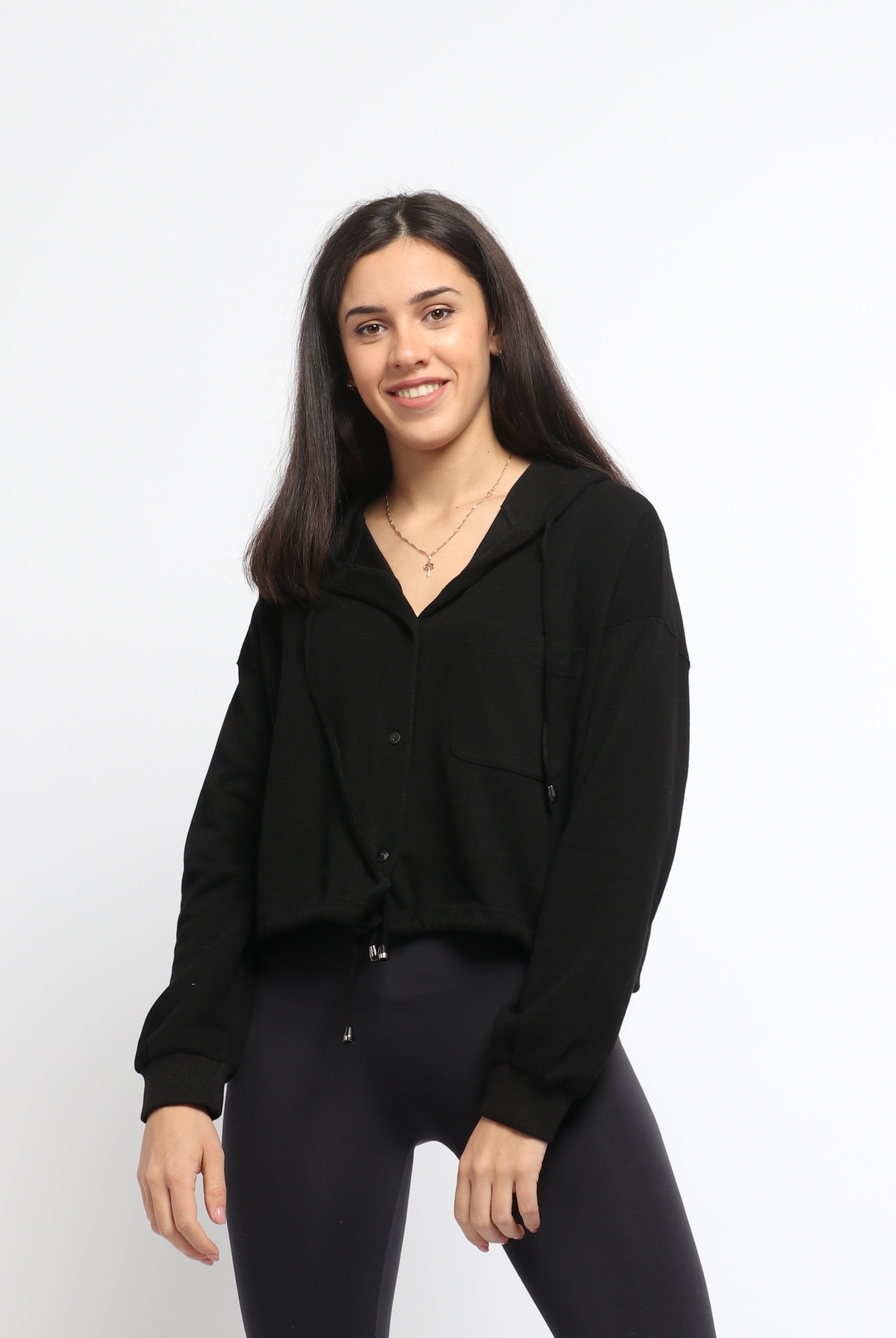 ميكا سترة سادة بأزرار أمامية ورباط من أسفل وقبعة بأكمام طويلة