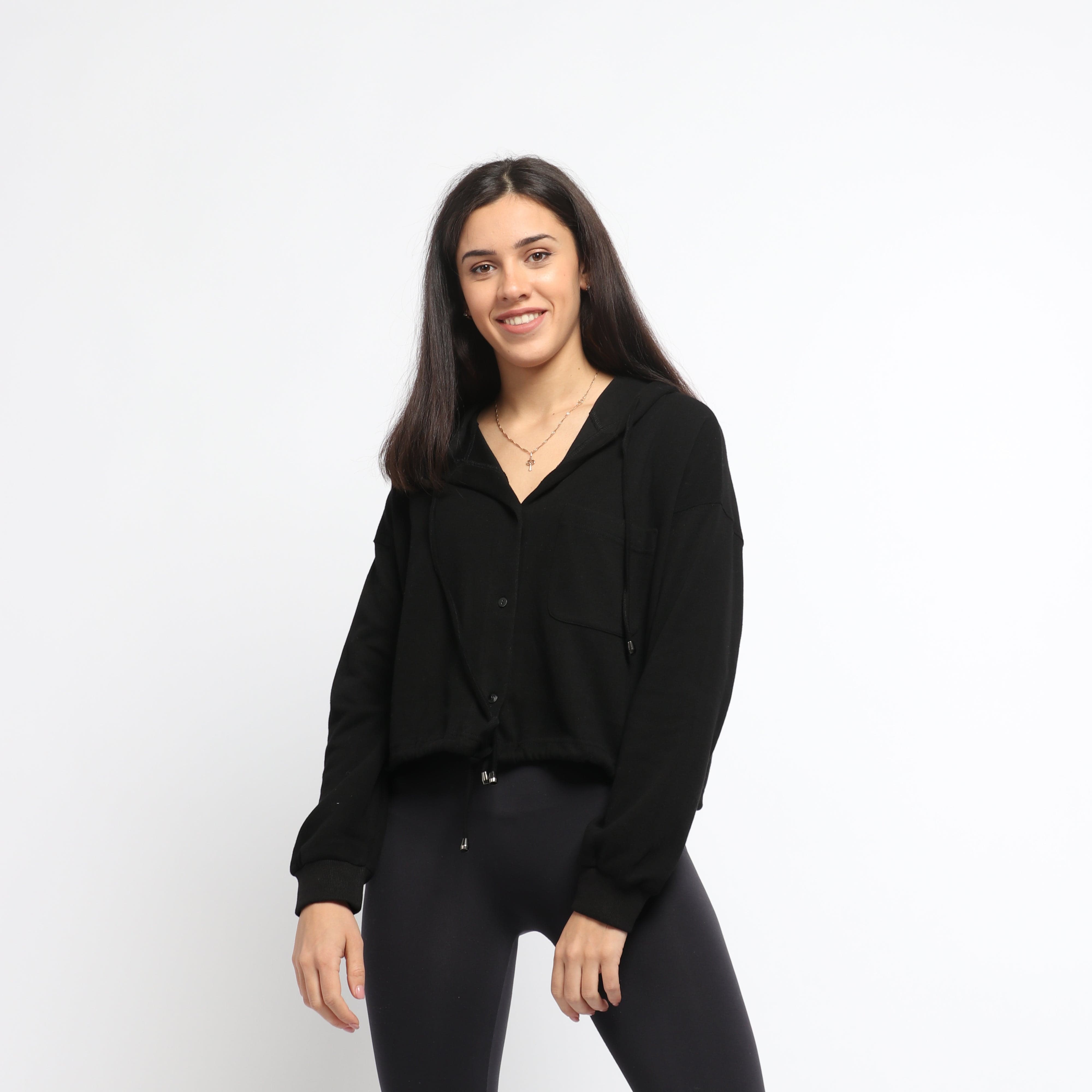 ميكا سترة سادة بأزرار أمامية ورباط من أسفل وقبعة بأكمام طويلة