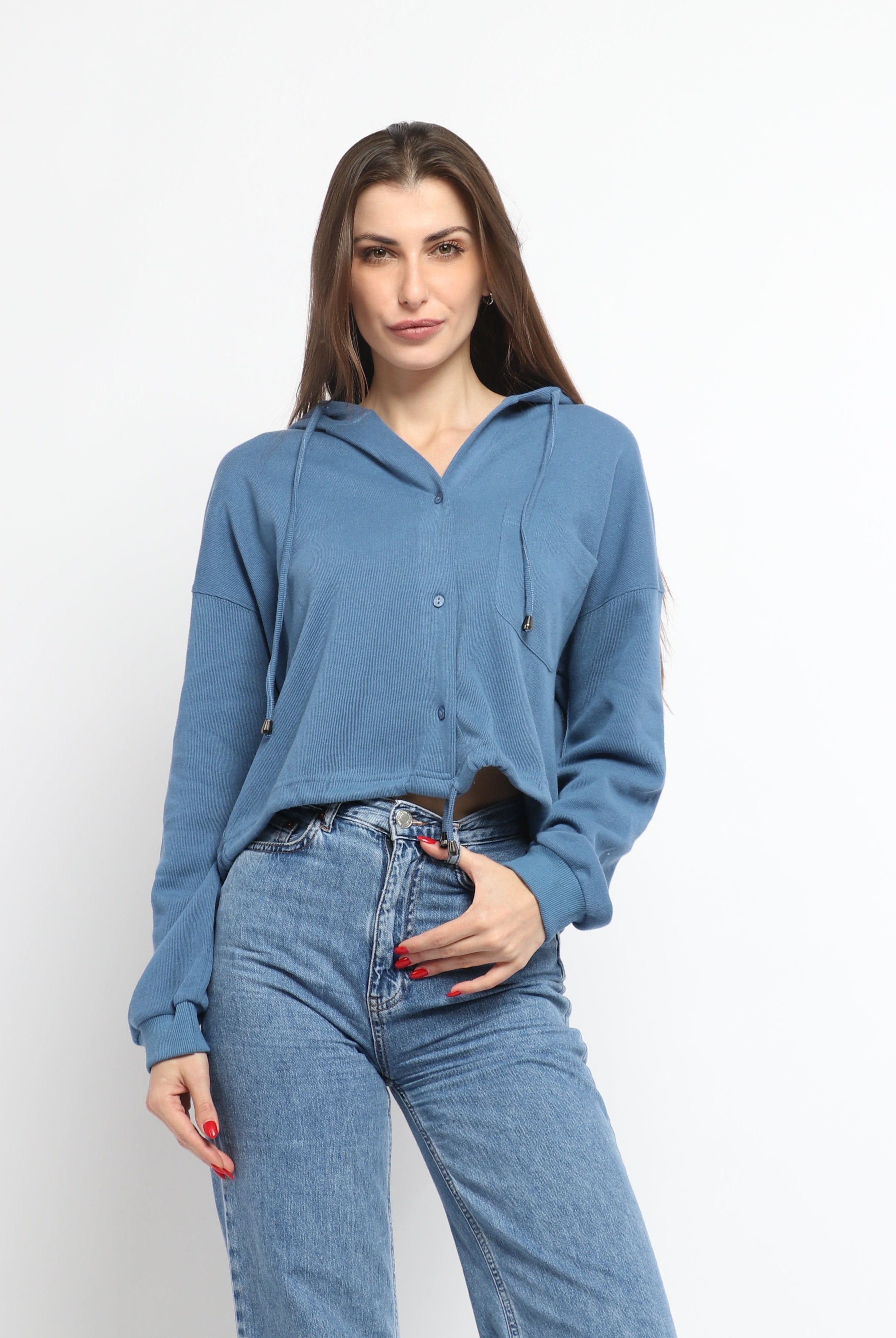 ميكا سترة سادة بأزرار أمامية ورباط من أسفل وقبعة بأكمام طويلة