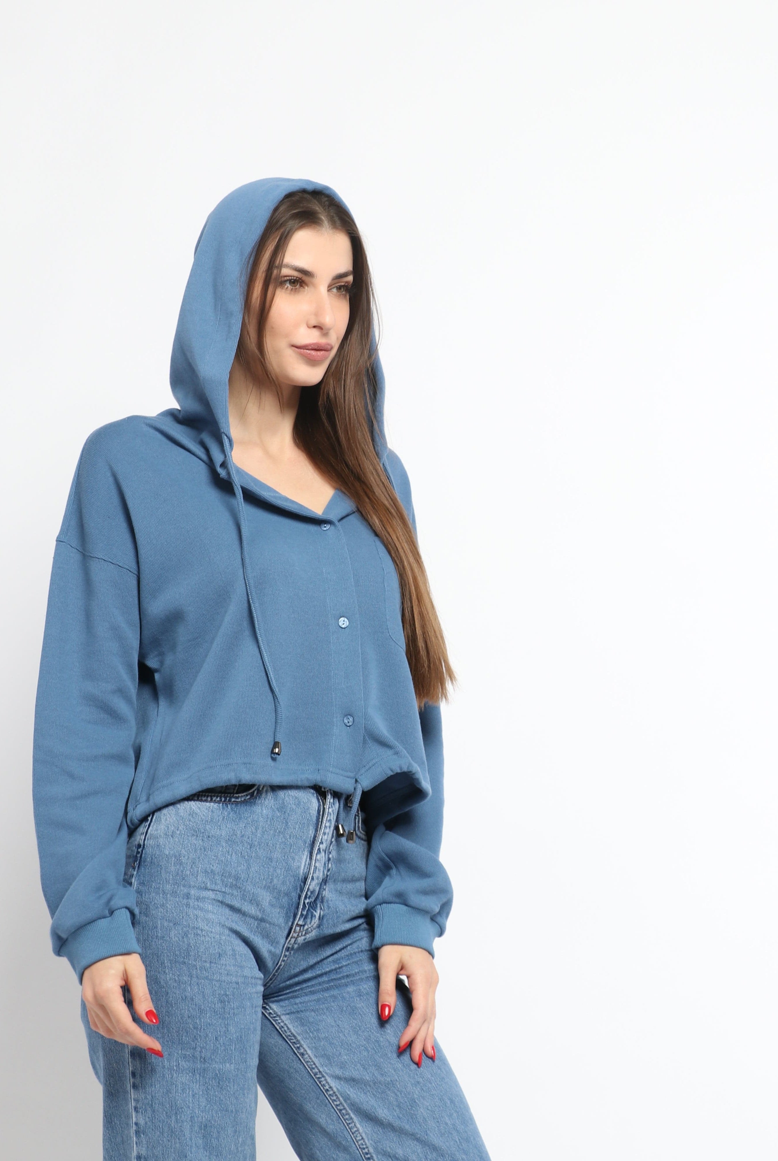 ميكا سترة سادة بأزرار أمامية ورباط من أسفل وقبعة بأكمام طويلة