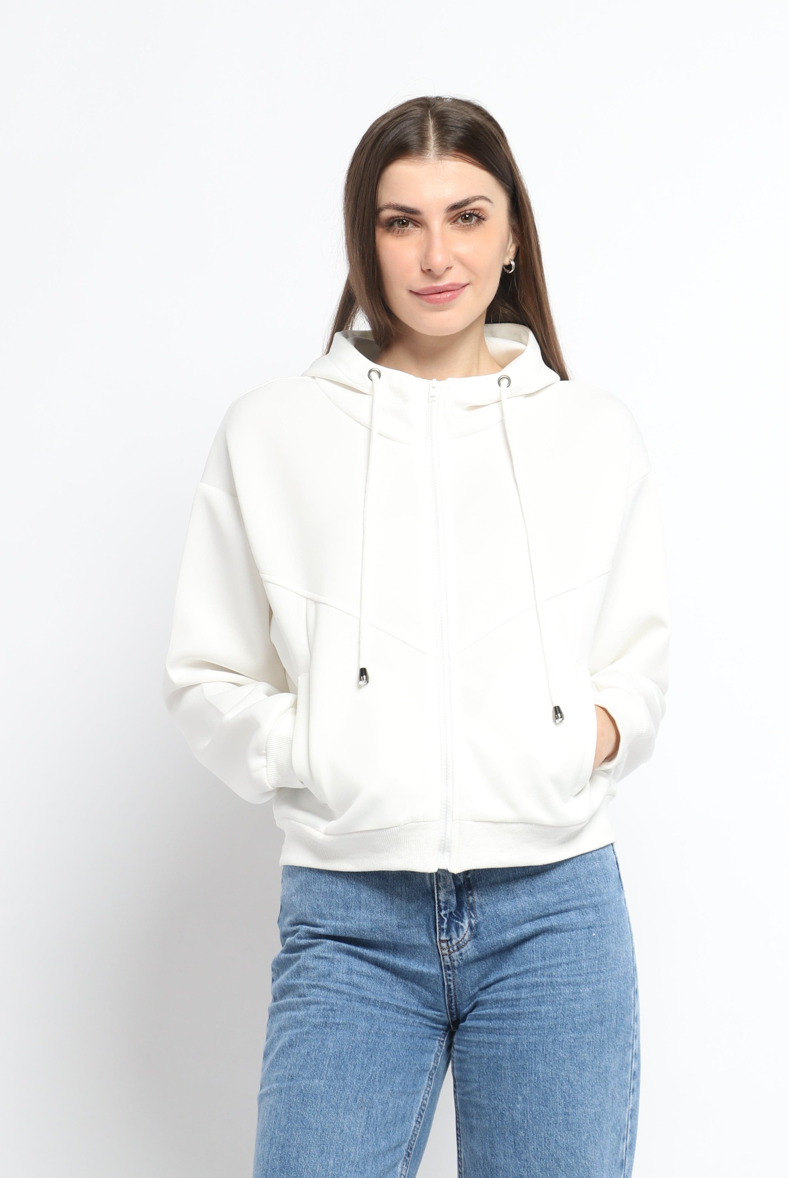 ميكا سويت شيرت قصير سادة بسحاب وقبعة ورباط بأكمام طويلة