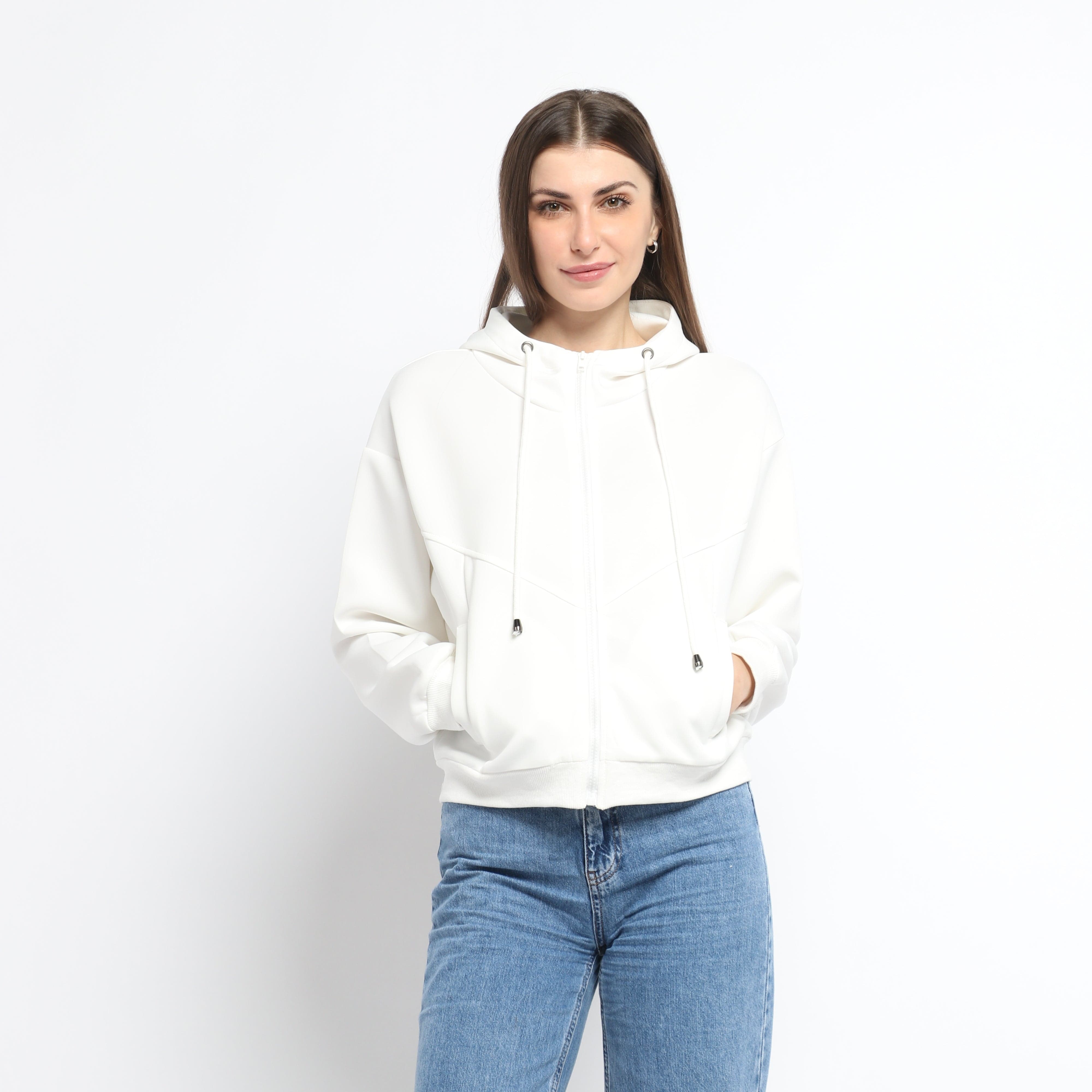 ميكا سويت شيرت قصير سادة بسحاب وقبعة ورباط بأكمام طويلة