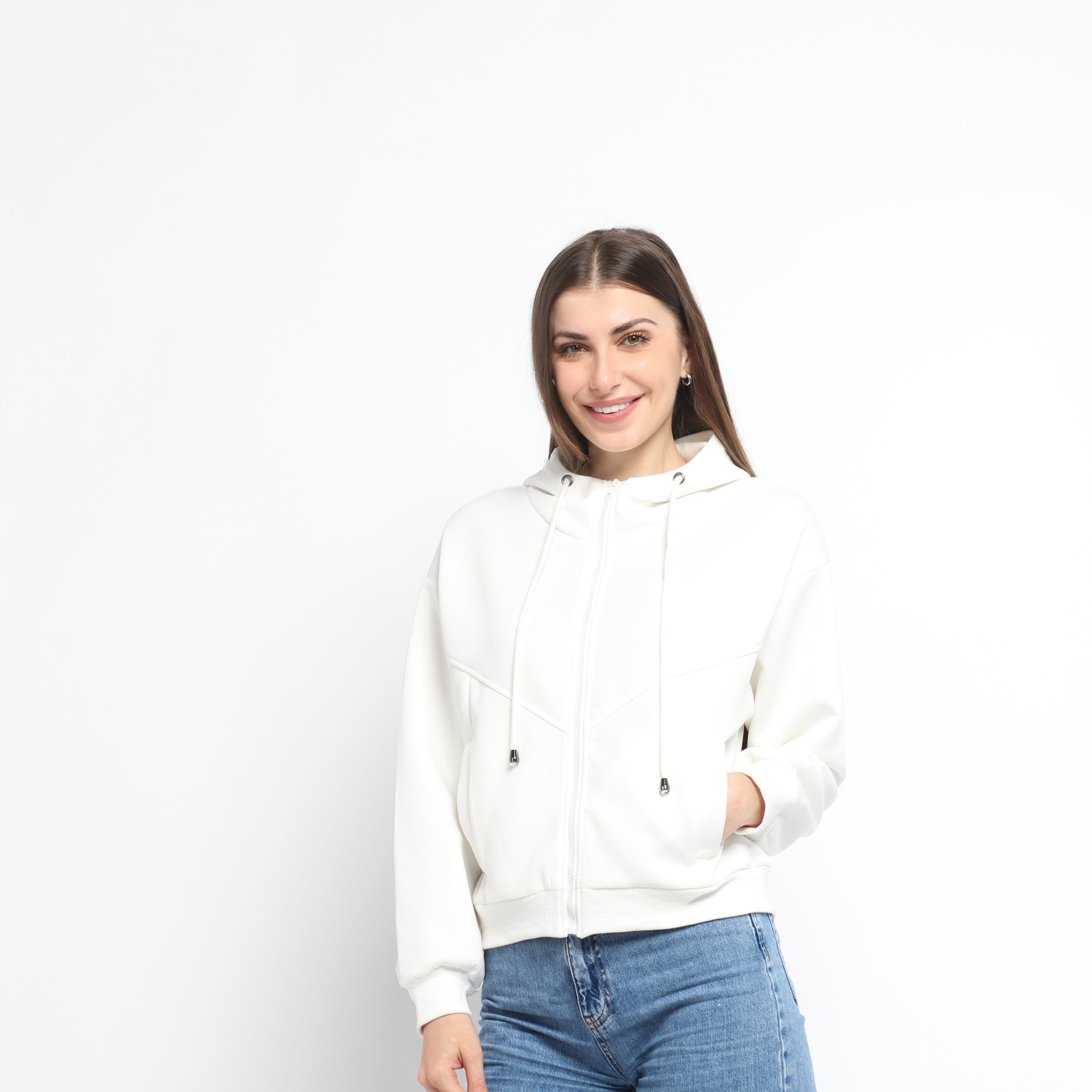 ميكا سويت شيرت قصير سادة بسحاب وقبعة ورباط بأكمام طويلة