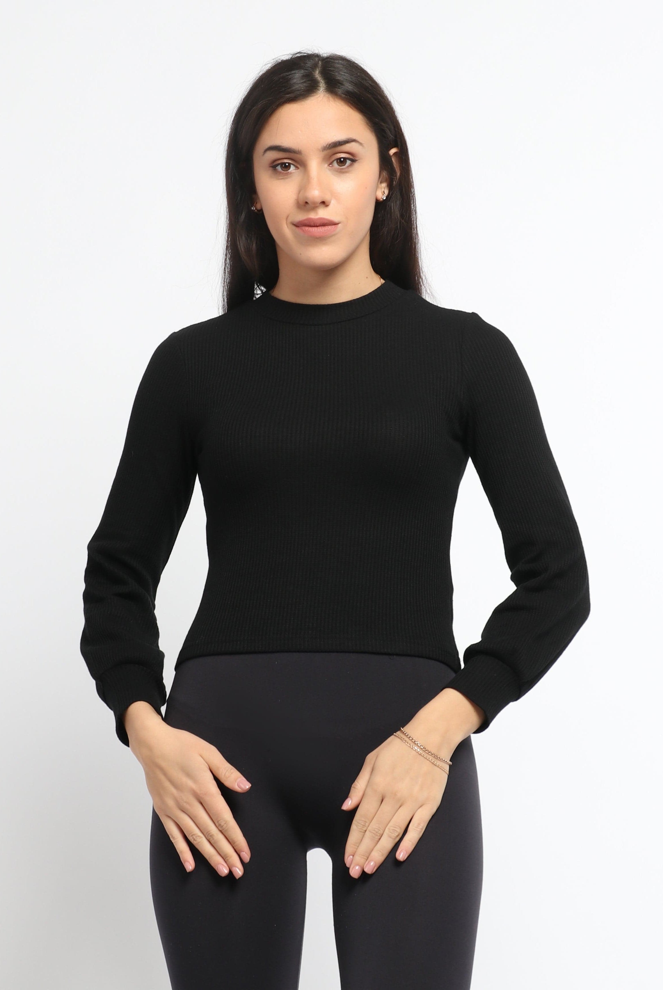 ميكا بلوزة سادة مضلعة كم طويل نسائي