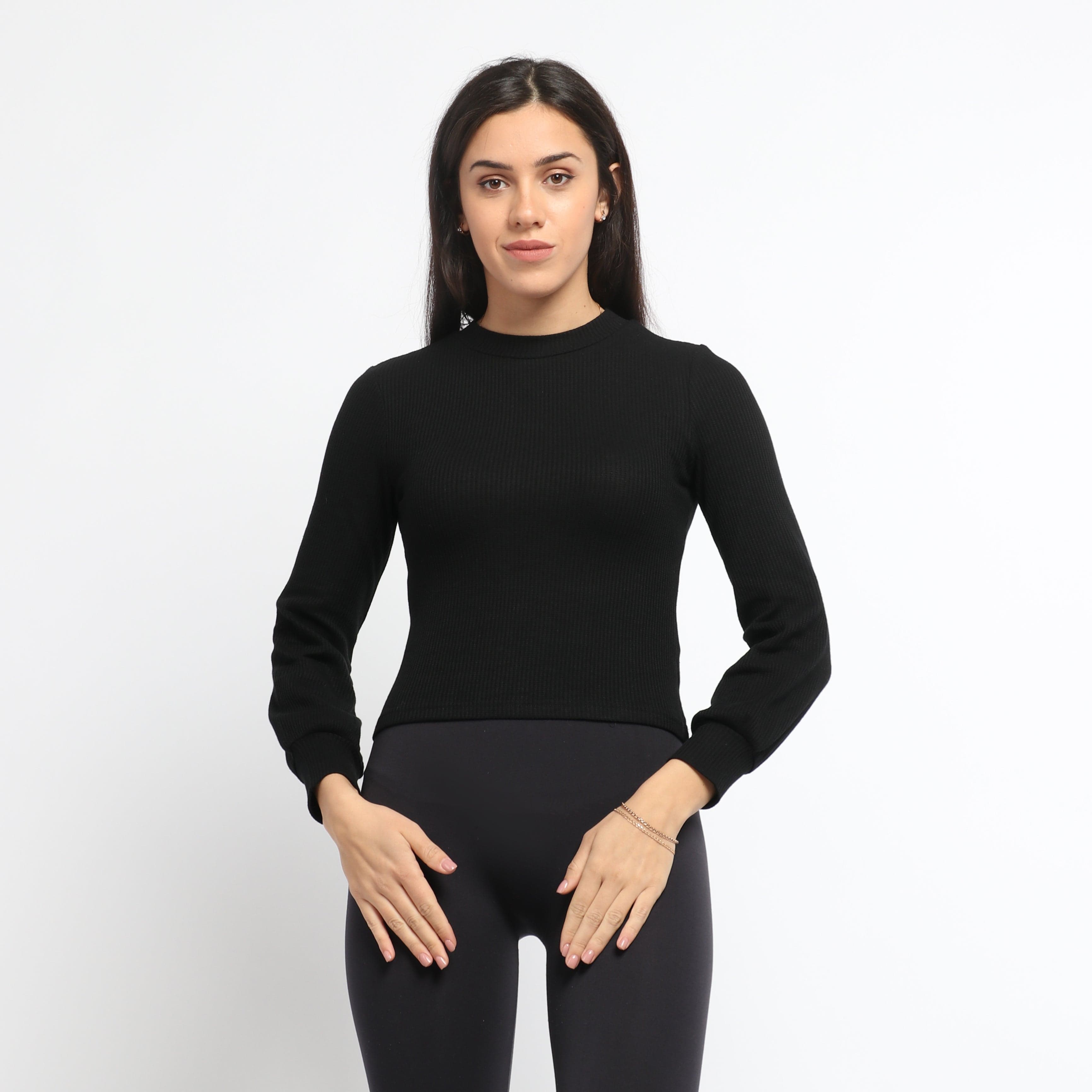 ميكا بلوزة سادة مضلعة كم طويل نسائي