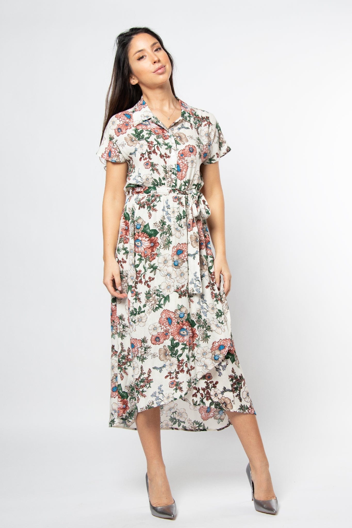 ميكا فستان ميدي طبعة زهور بكم قصير