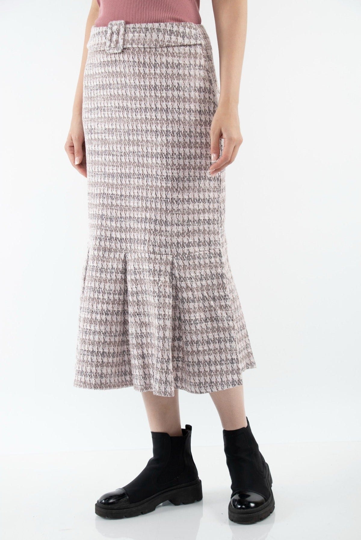 ميكا تنورة ميدي نسيج متماسك مصممة بكسرات من الاسفل بحزام خصر