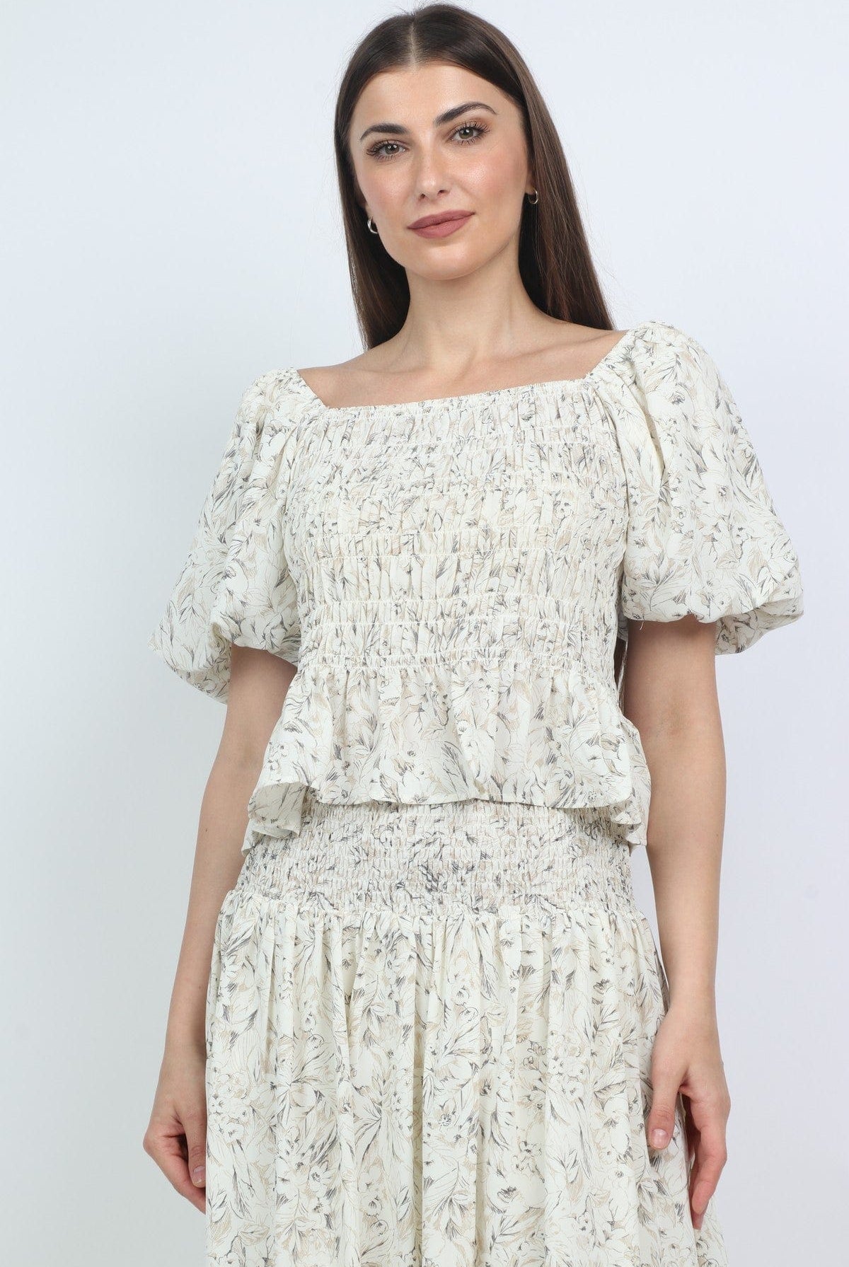 ميكا بلوزة بأكمام قصيرة مشجرة بياقة مربعة