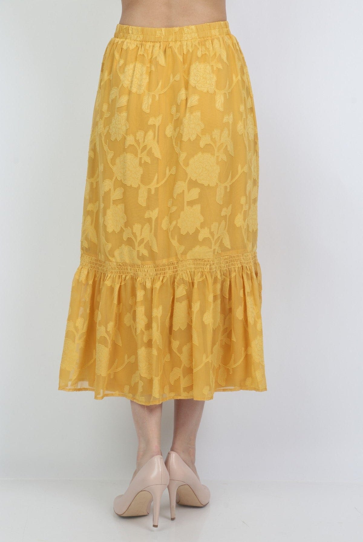 ميكا تنورة ميدي قماش بتطريزة ورود بارزة مزين بكلوش من الأسفل