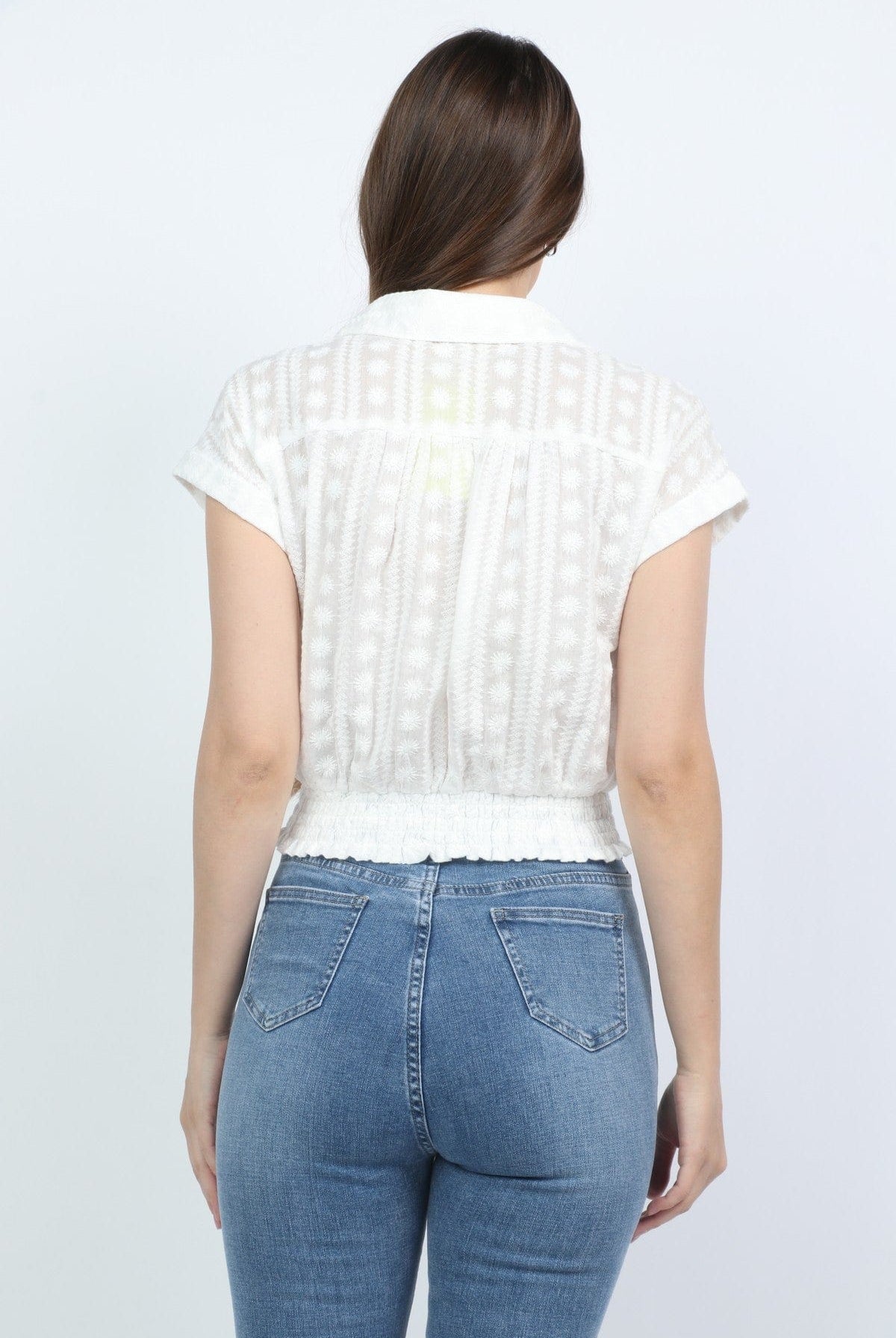 ميكا بلوزه هاي وسط قصير بأزرار أمامية مطاط على الخصر نسائي