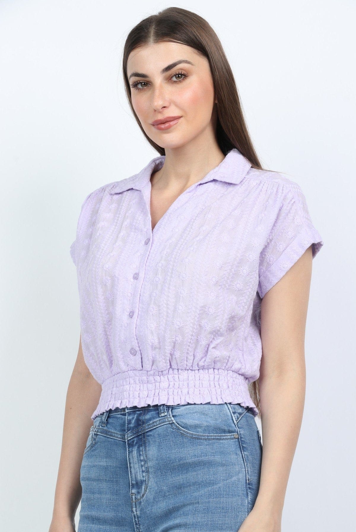 ميكا بلوزه هاي وسط قصير بأزرار أمامية مطاط على الخصر نسائي