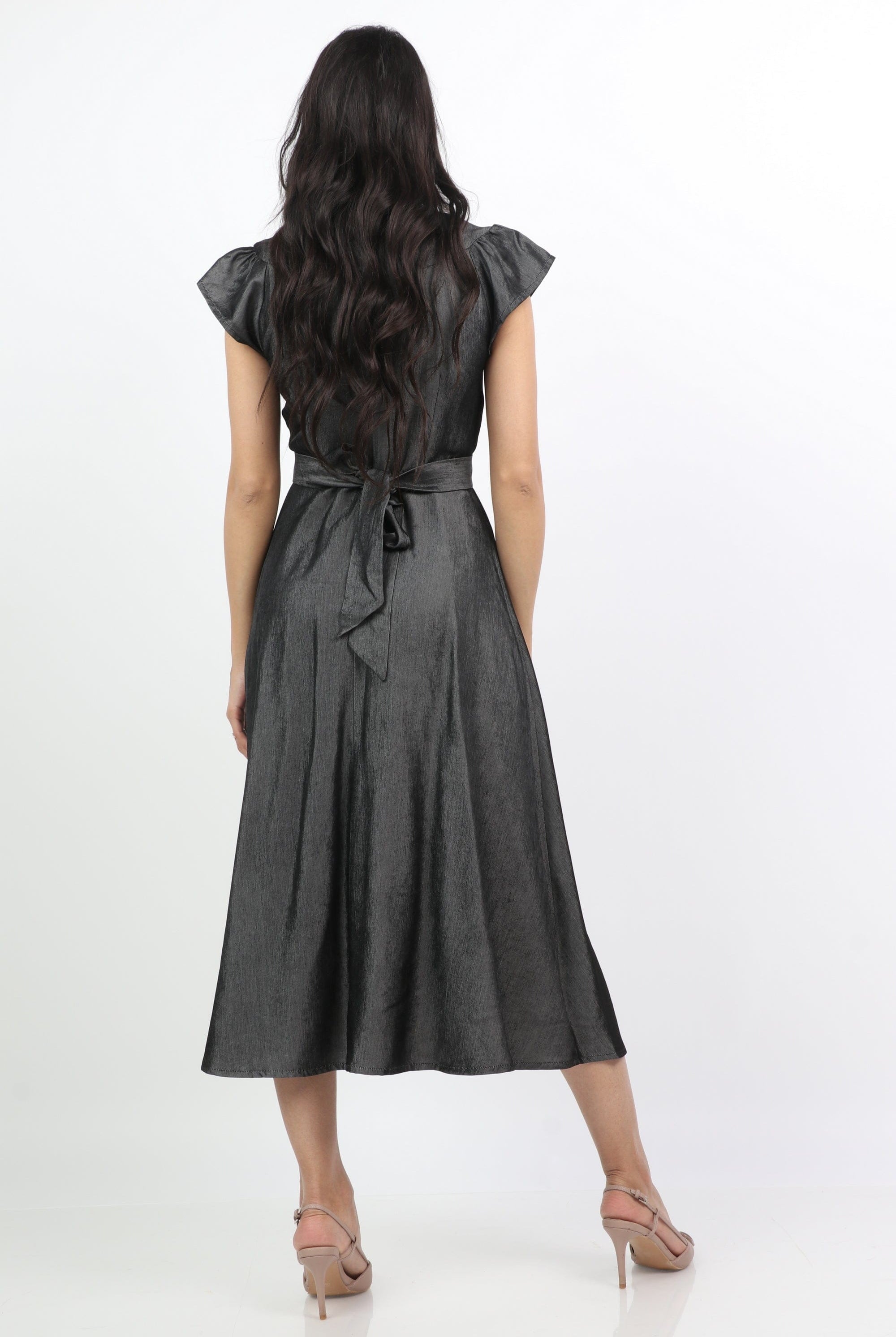 ميكا فستان ميدي سهرة بحزام بكم قصير