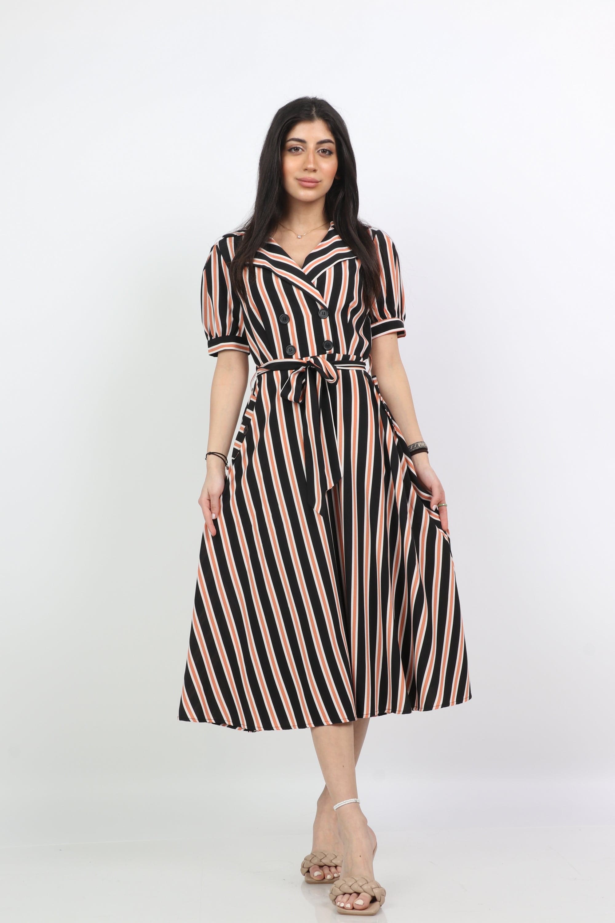 ميكا فستان ميدي مخطط بالطول بجزام بكم قصير