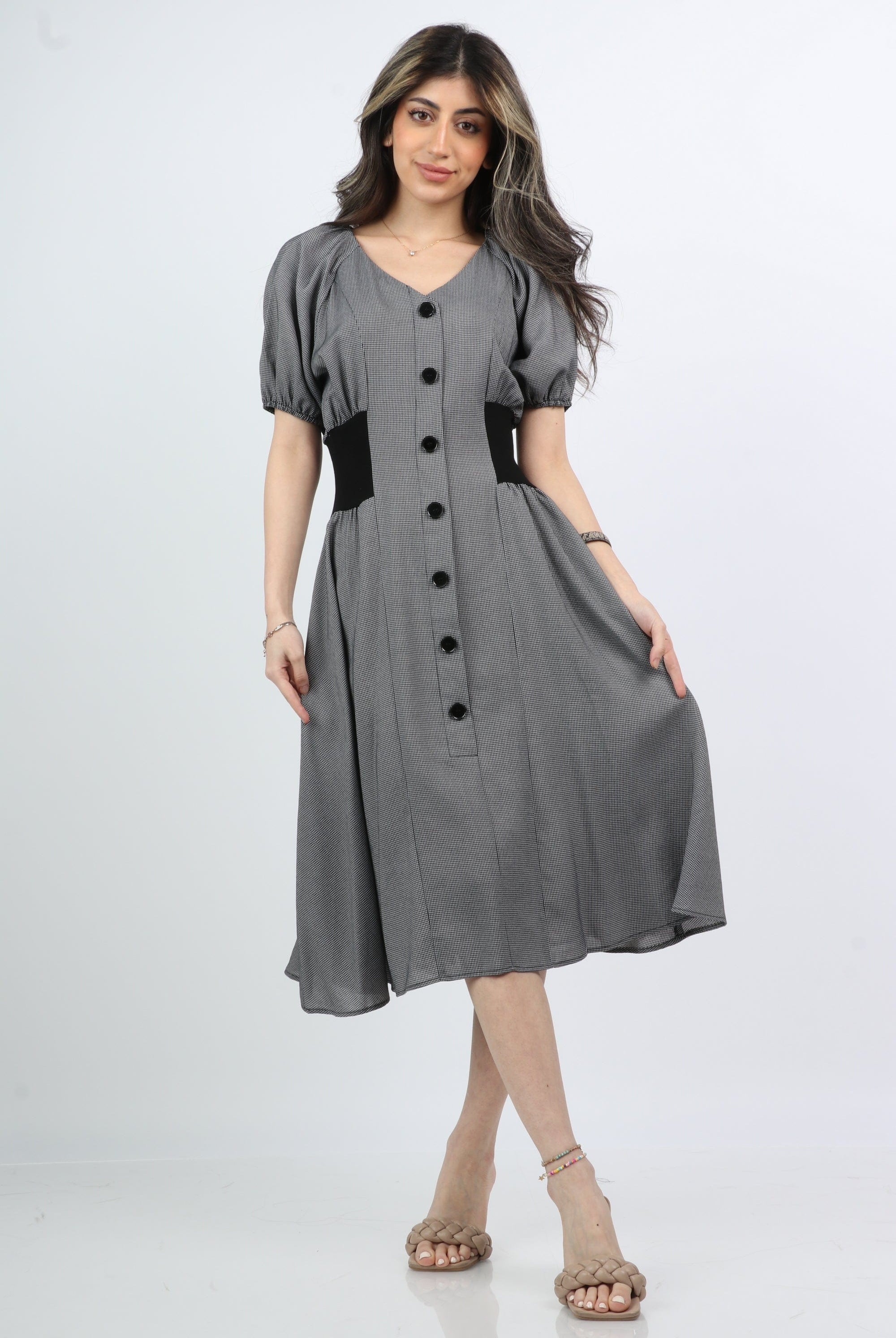 ميكا فستان ميدي سادة بأزرار أمامية نص من بف نسائي