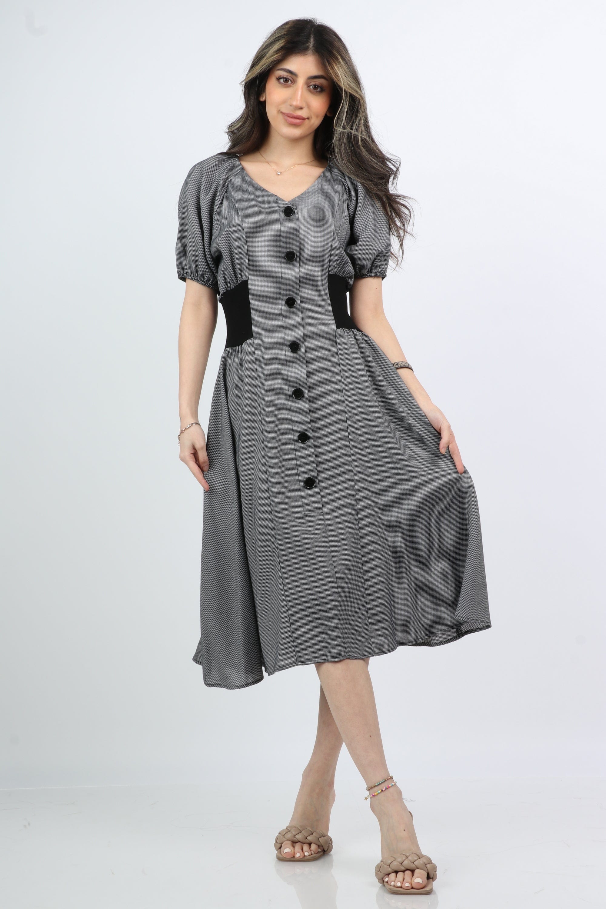 ميكا فستان ميدي سادة بأزرار أمامية نص من بف نسائي