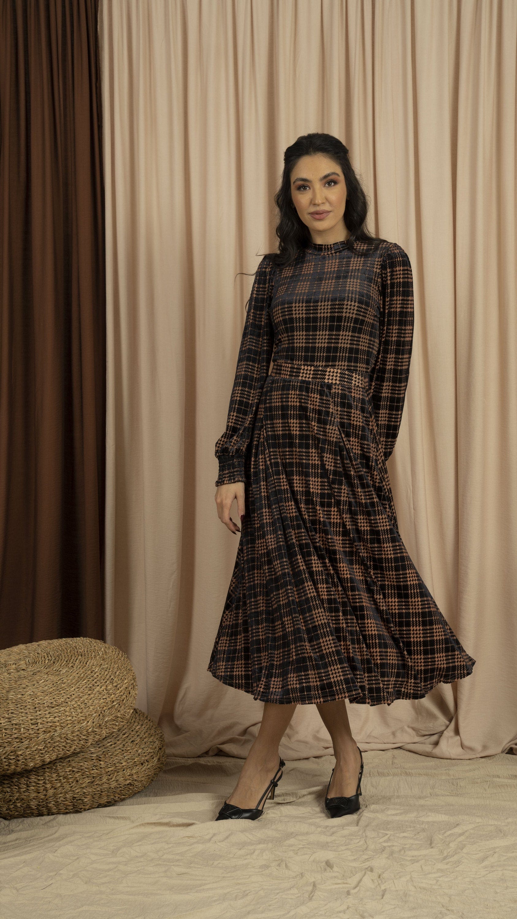 ميكا بلوزة بأكمام طويلة مخملية مربعات للمناسبات