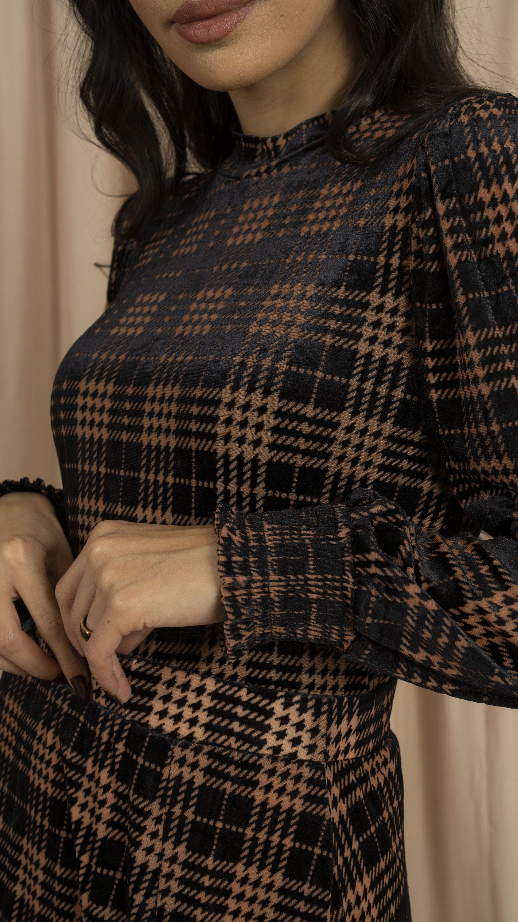 ميكا بلوزة بأكمام طويلة مخملية مربعات للمناسبات