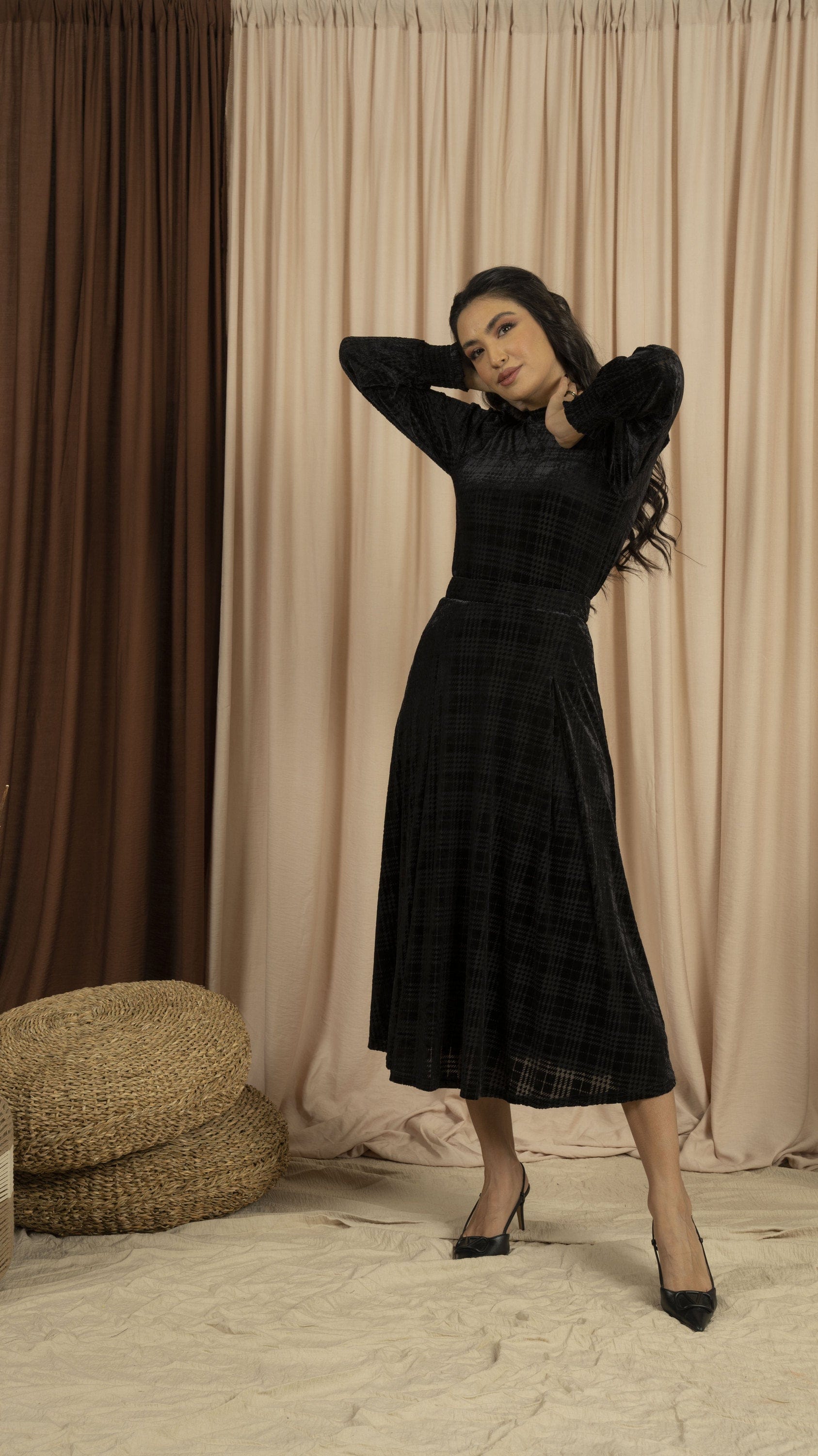 ميكا بلوزة بأكمام طويلة مخملية مربعات للمناسبات