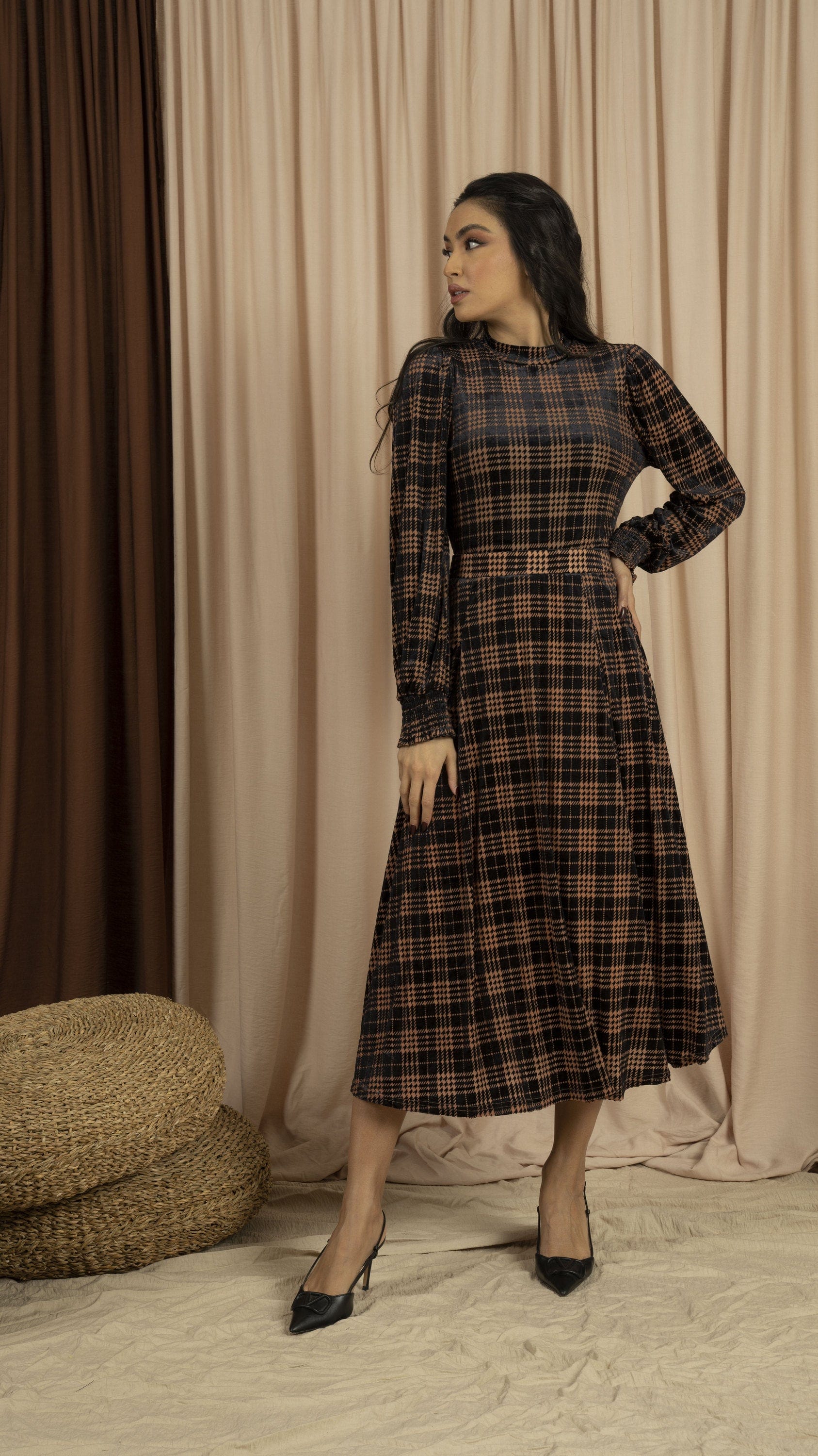 ميكا بلوزة بأكمام طويلة مخملية مربعات للمناسبات