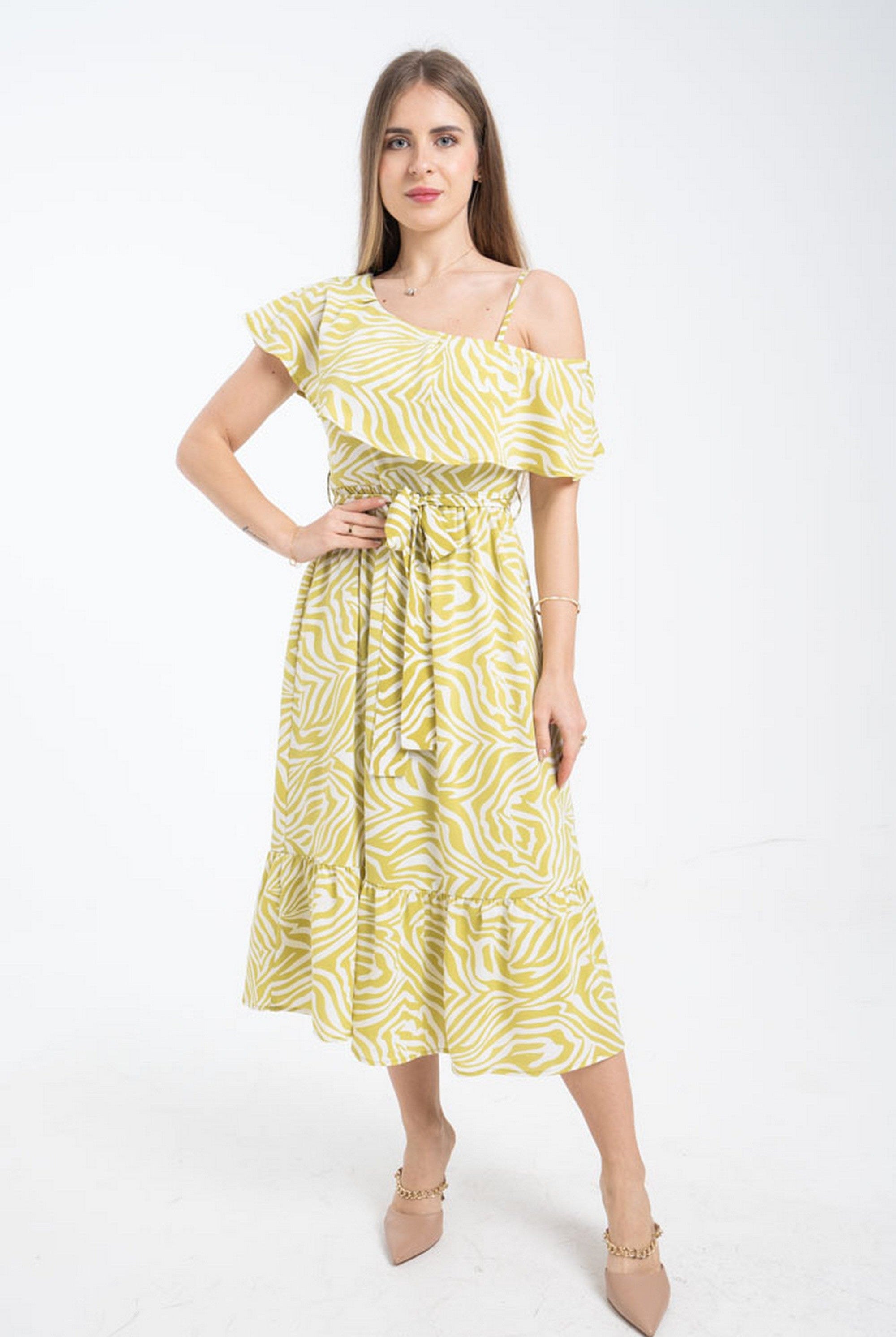 ميكا فستان منقوش ميدي مخصر بحزام على الخصر كتف وكتف نسائي