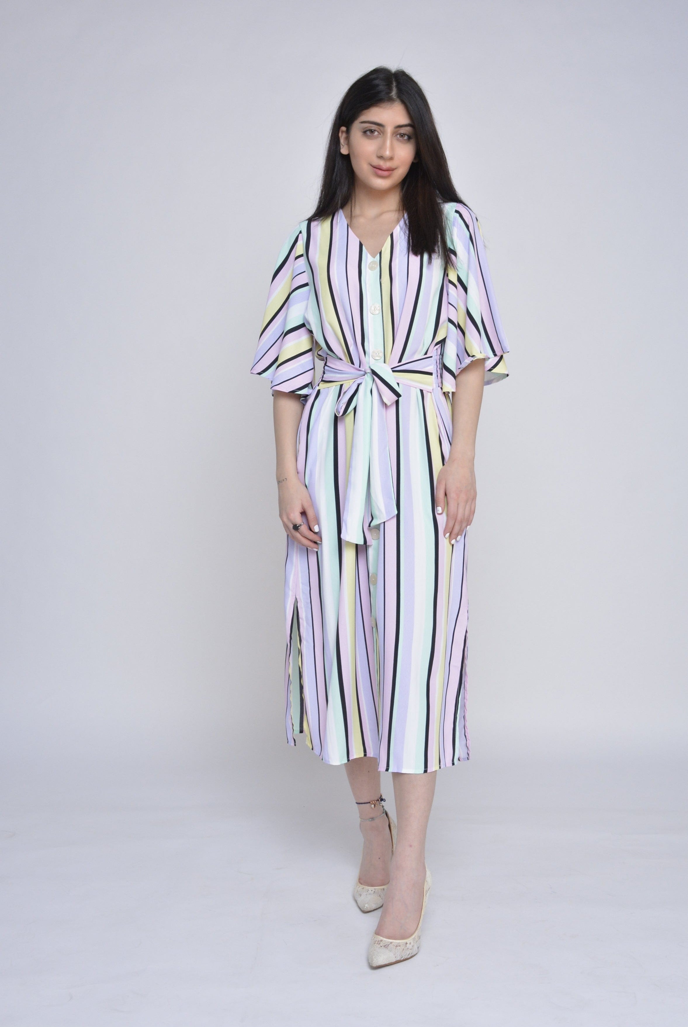 ميكا فستان ميدي مخطط بالطول بحزام على الخصر نص كم مفتوح