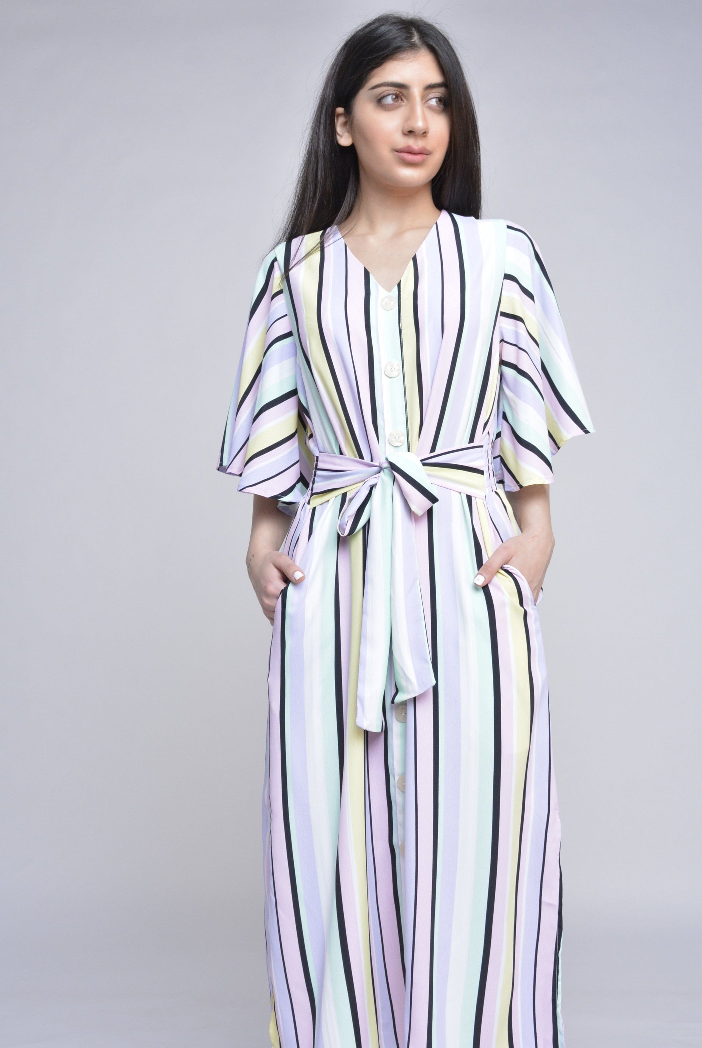 ميكا فستان ميدي مخطط بالطول بحزام على الخصر نص كم مفتوح