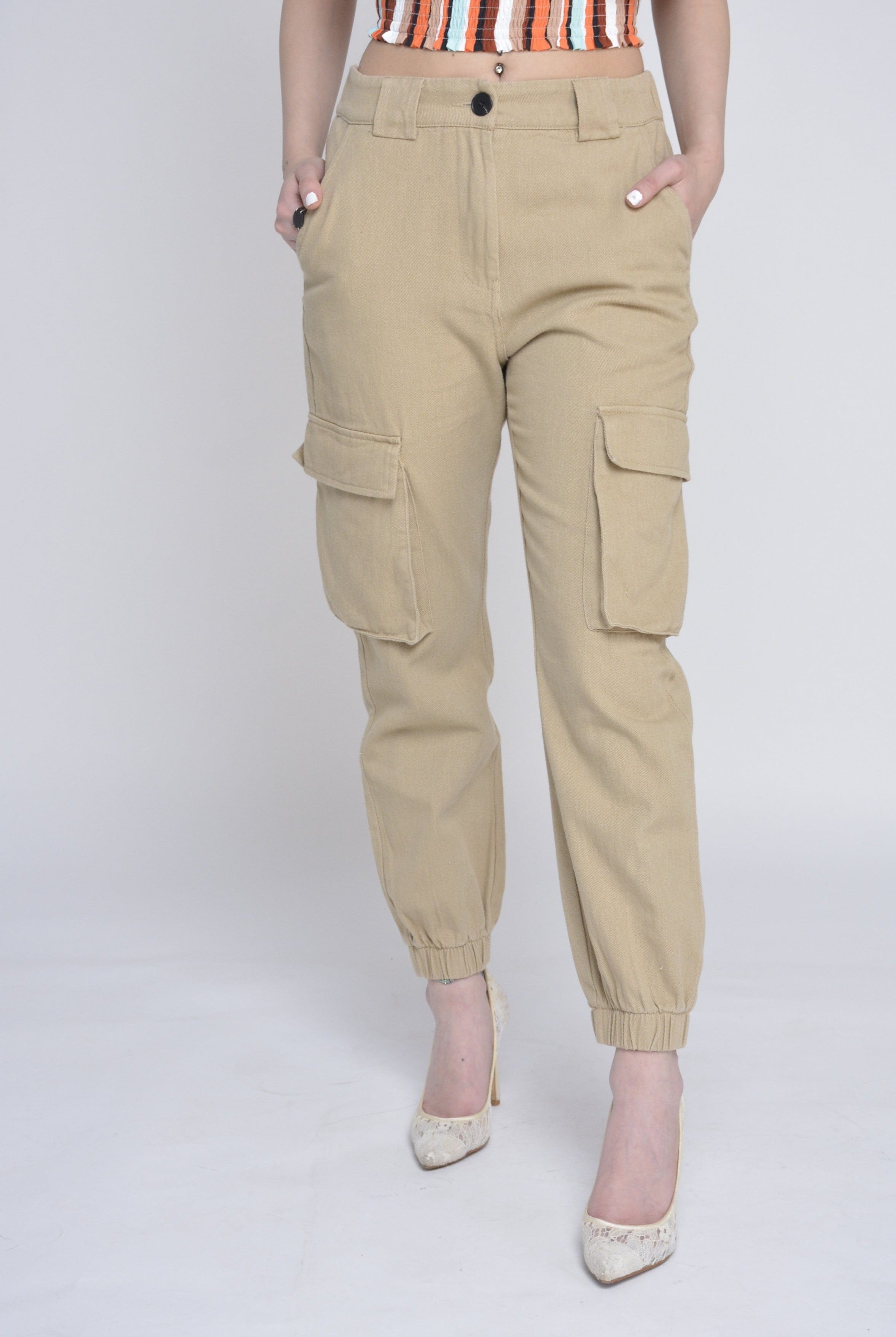 ميكا بنطلون طويل خصر مرتفع بجيوب جانبية سادة