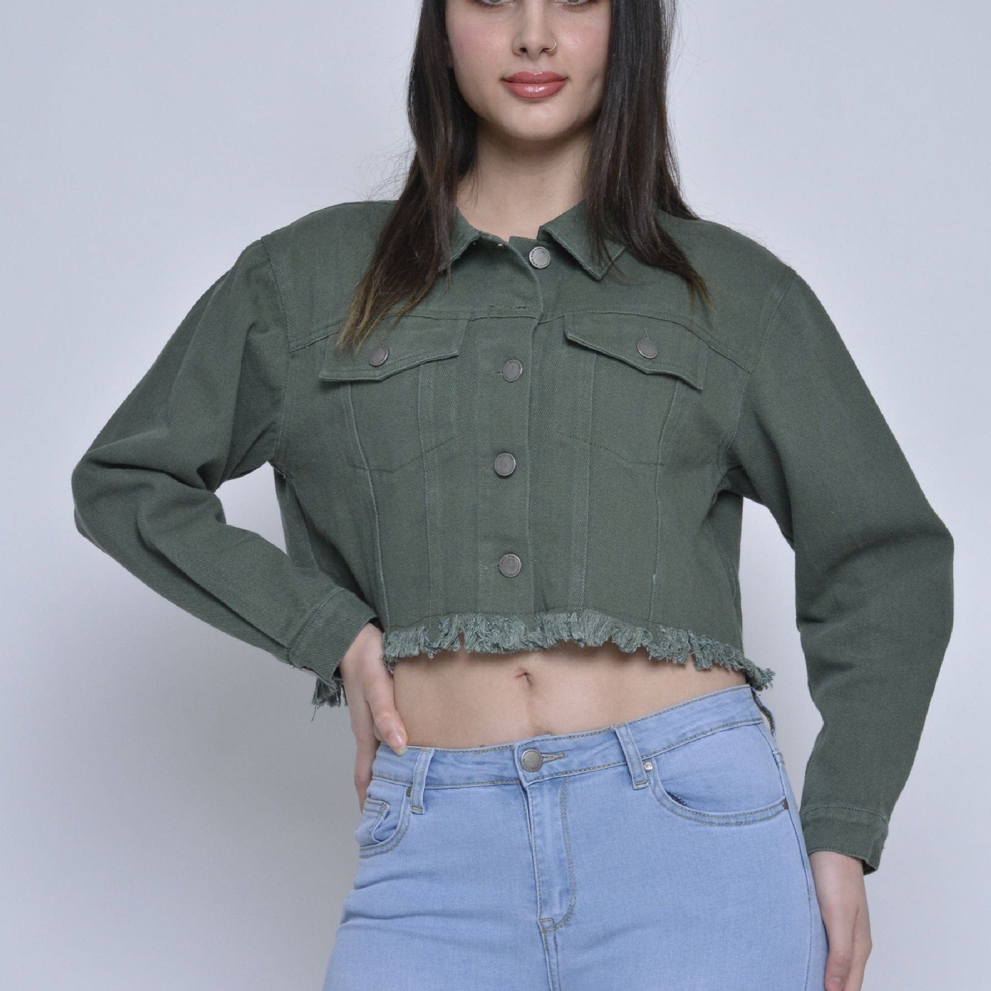 ميكا جاكيت نص بطن بأزرار أمامية بخيوط من أسفل وياقة كم طويل نسائي