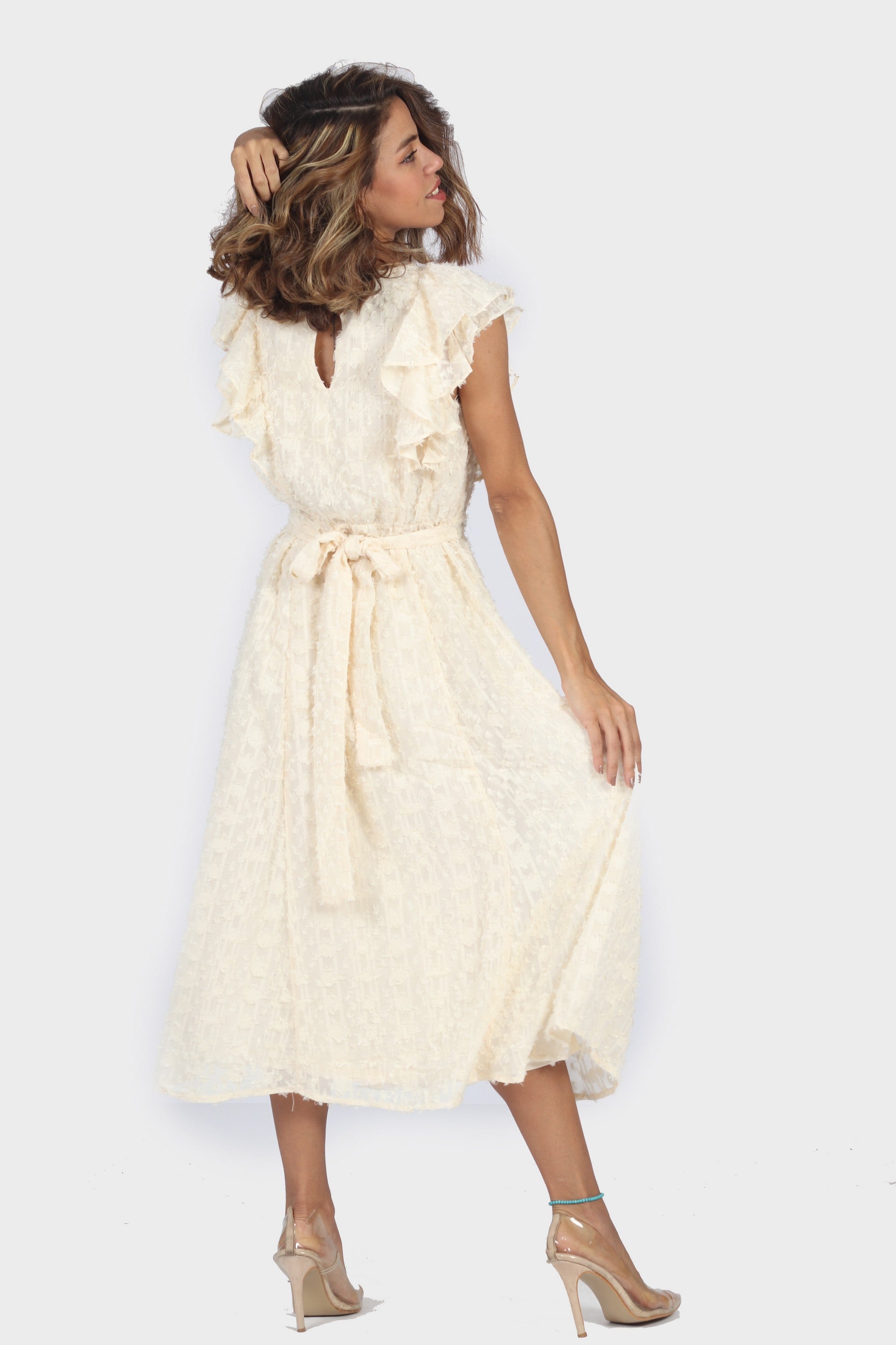 ميكا فستان ميدي بدون أكمام فراشة طبقتين