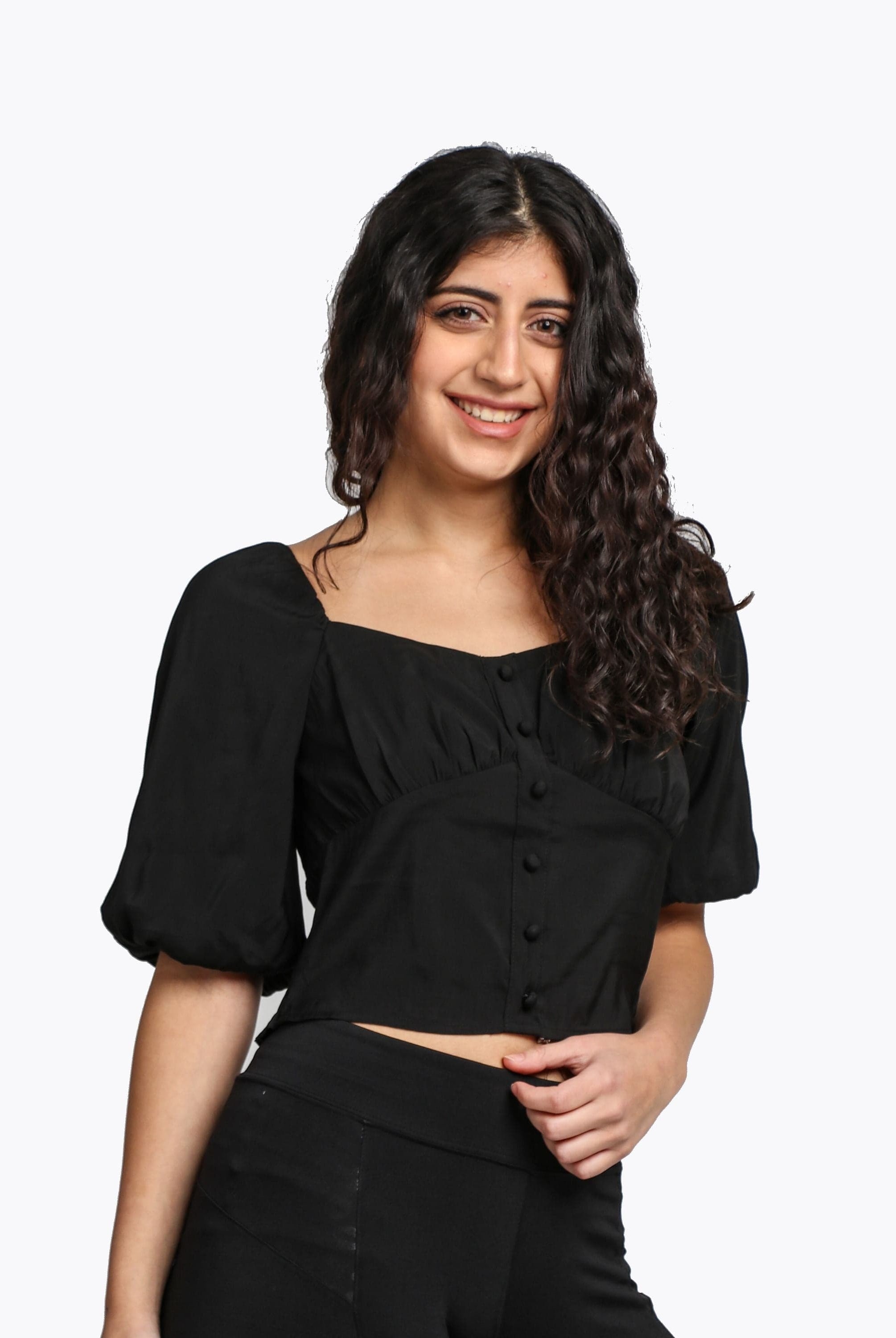 ميكا بلوزة نص بطن بأزرار أمامية ناعمة نص كم بف نسائي