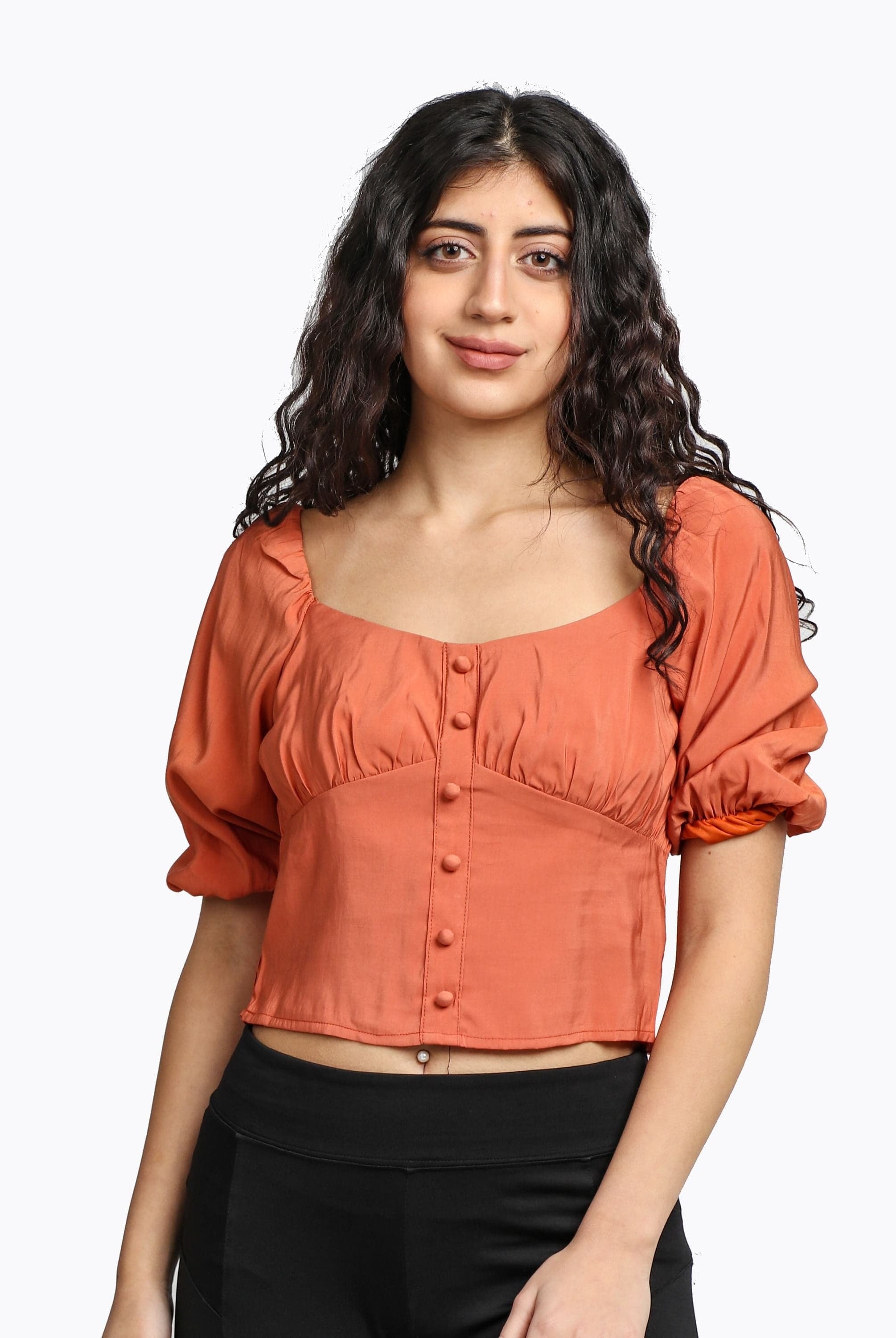 ميكا بلوزة نص بطن بأزرار أمامية ناعمة نص كم بف نسائي