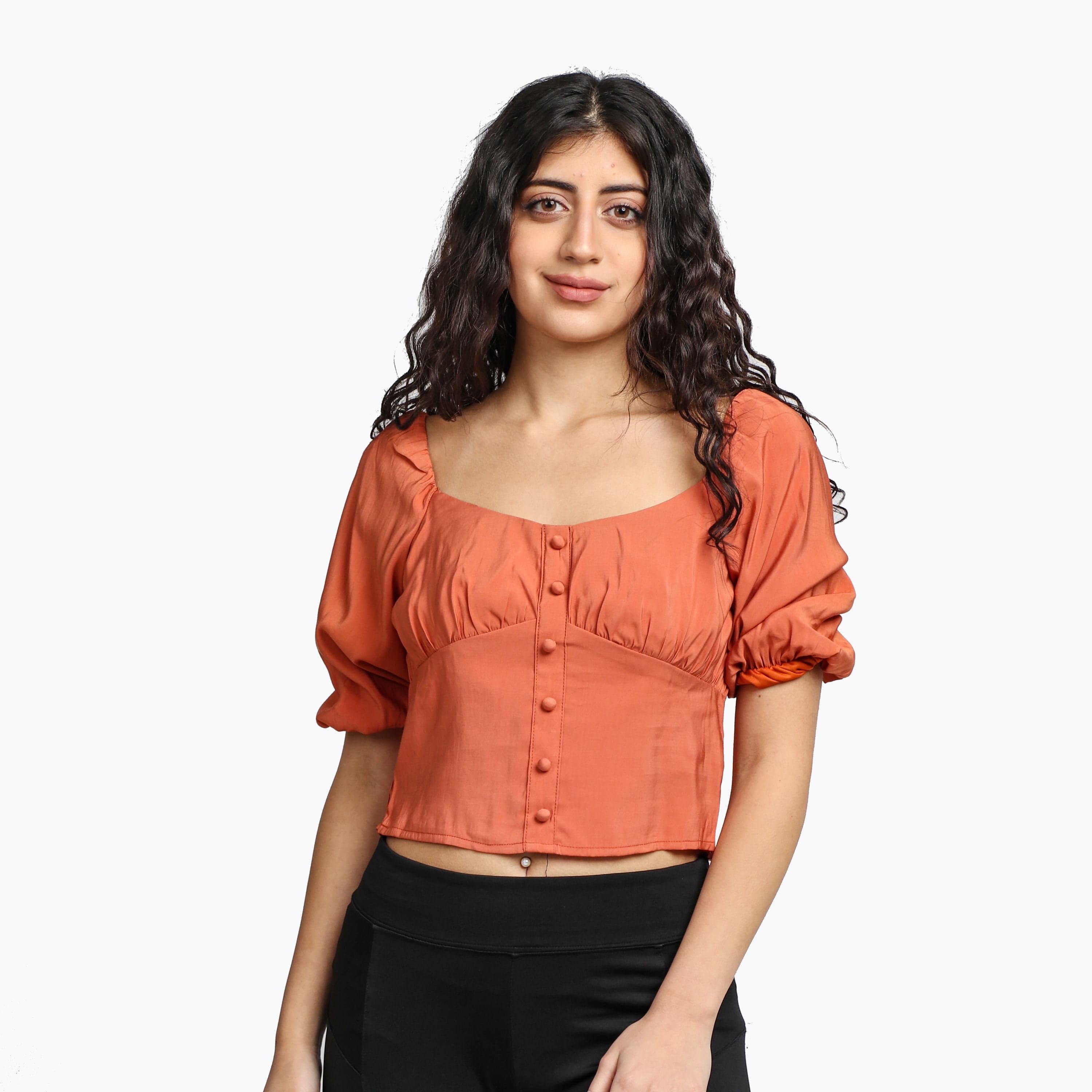 ميكا بلوزة نص بطن بأزرار أمامية ناعمة نص كم بف نسائي