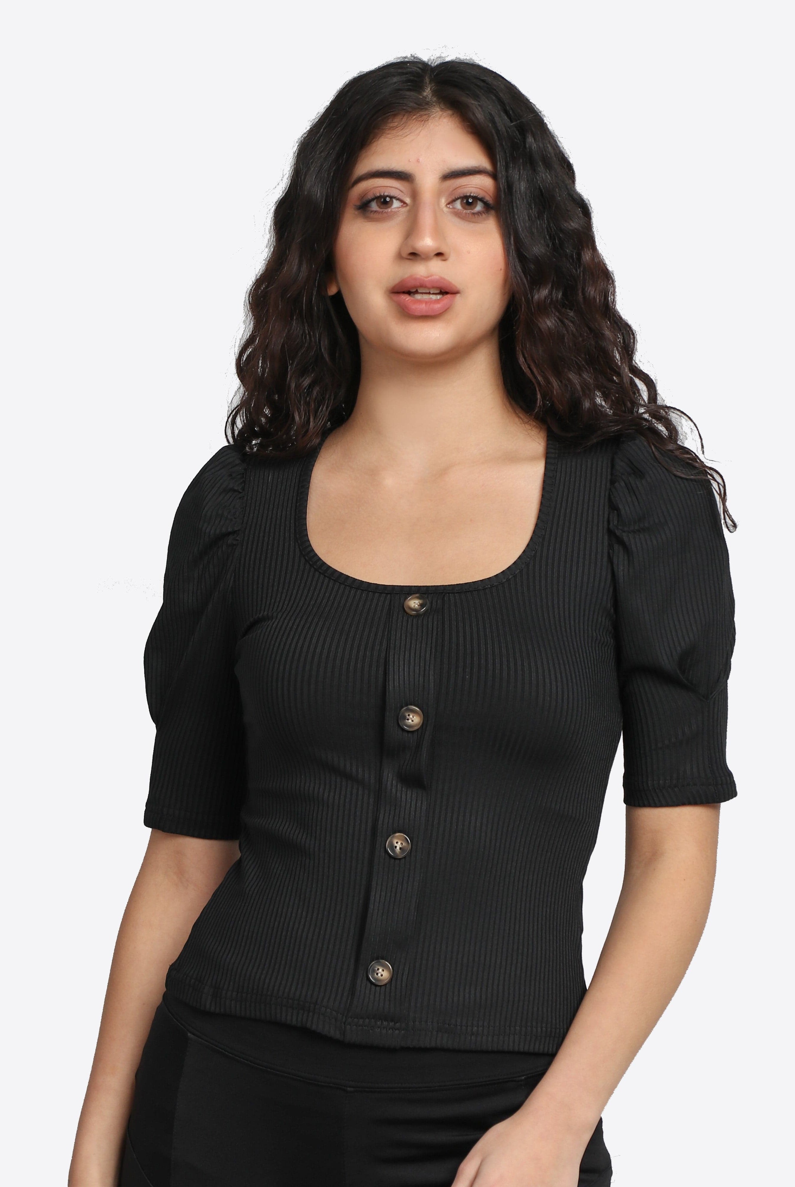 ميكا بلوزة بياقة مربعة بأزرار أمامية مع أكمام بف نسائية