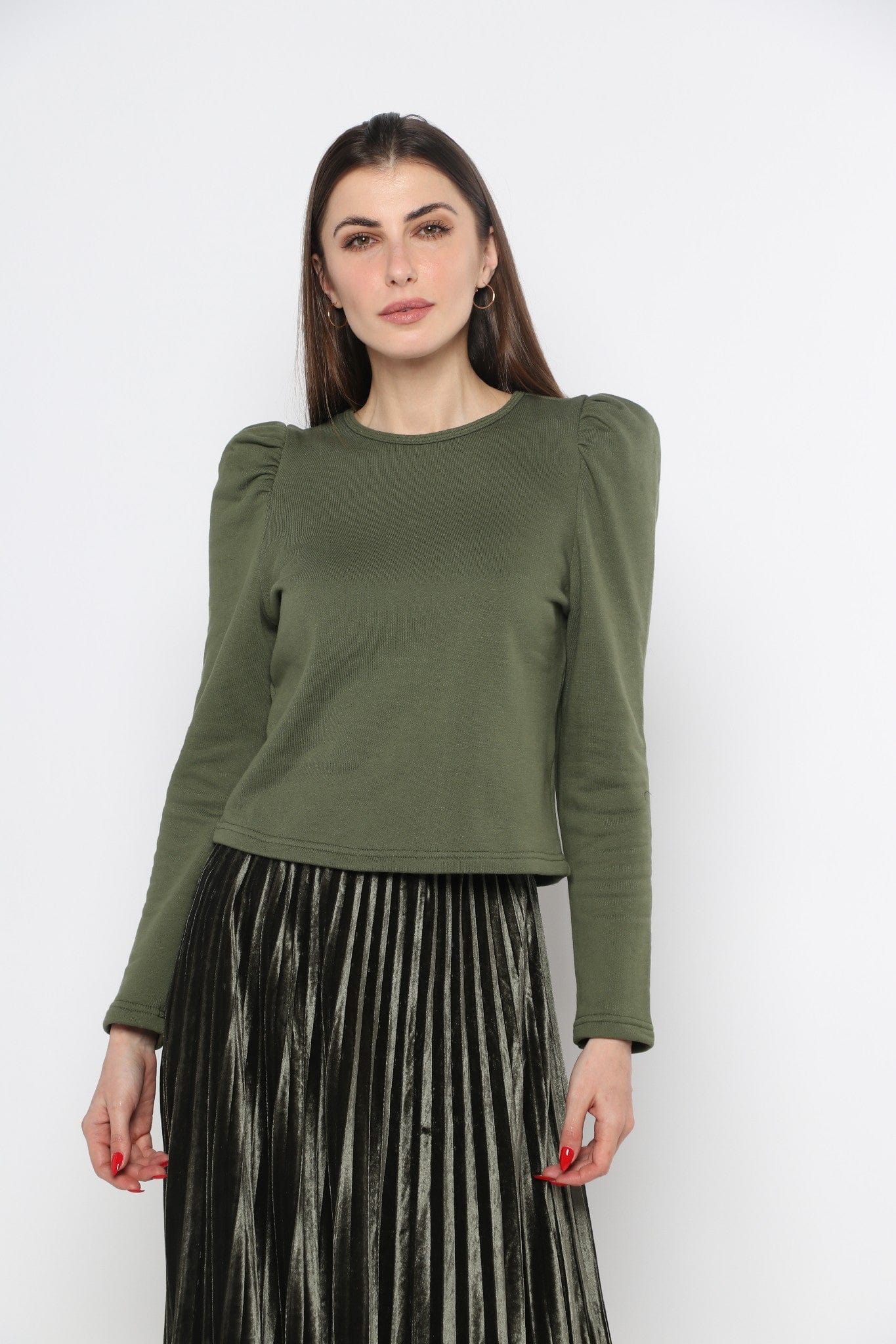 ميكا بلوزة سادة بكتف مرتفع بأكمام طويلة