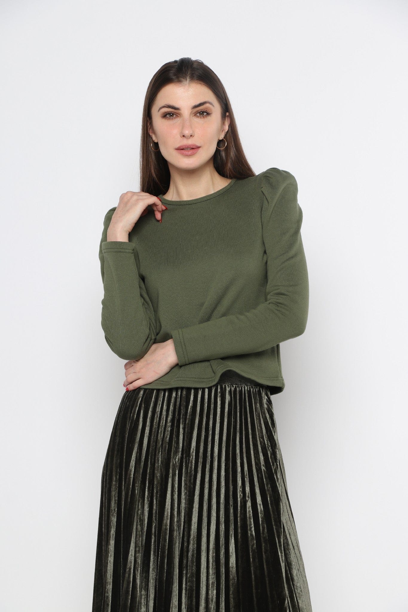 ميكا بلوزة سادة بكتف مرتفع بأكمام طويلة