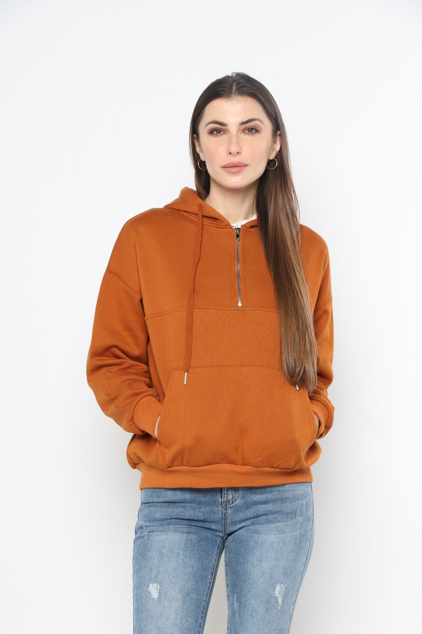 ميكا بلوزة بسحاب من أعلى وجيوب بقبعة ورباط بأكمام طويلة