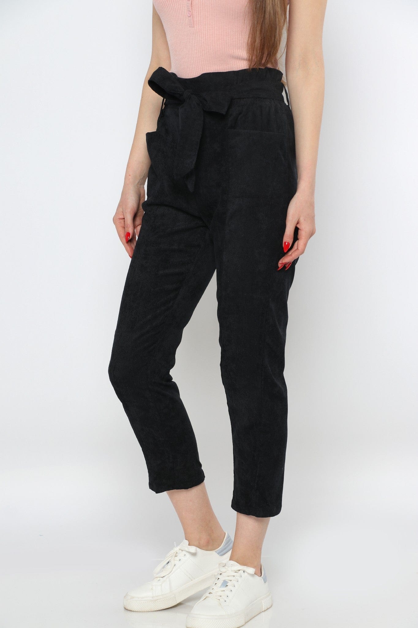 ميكا بنطلون طويل سادة بخصر مرتفع برباط عريض