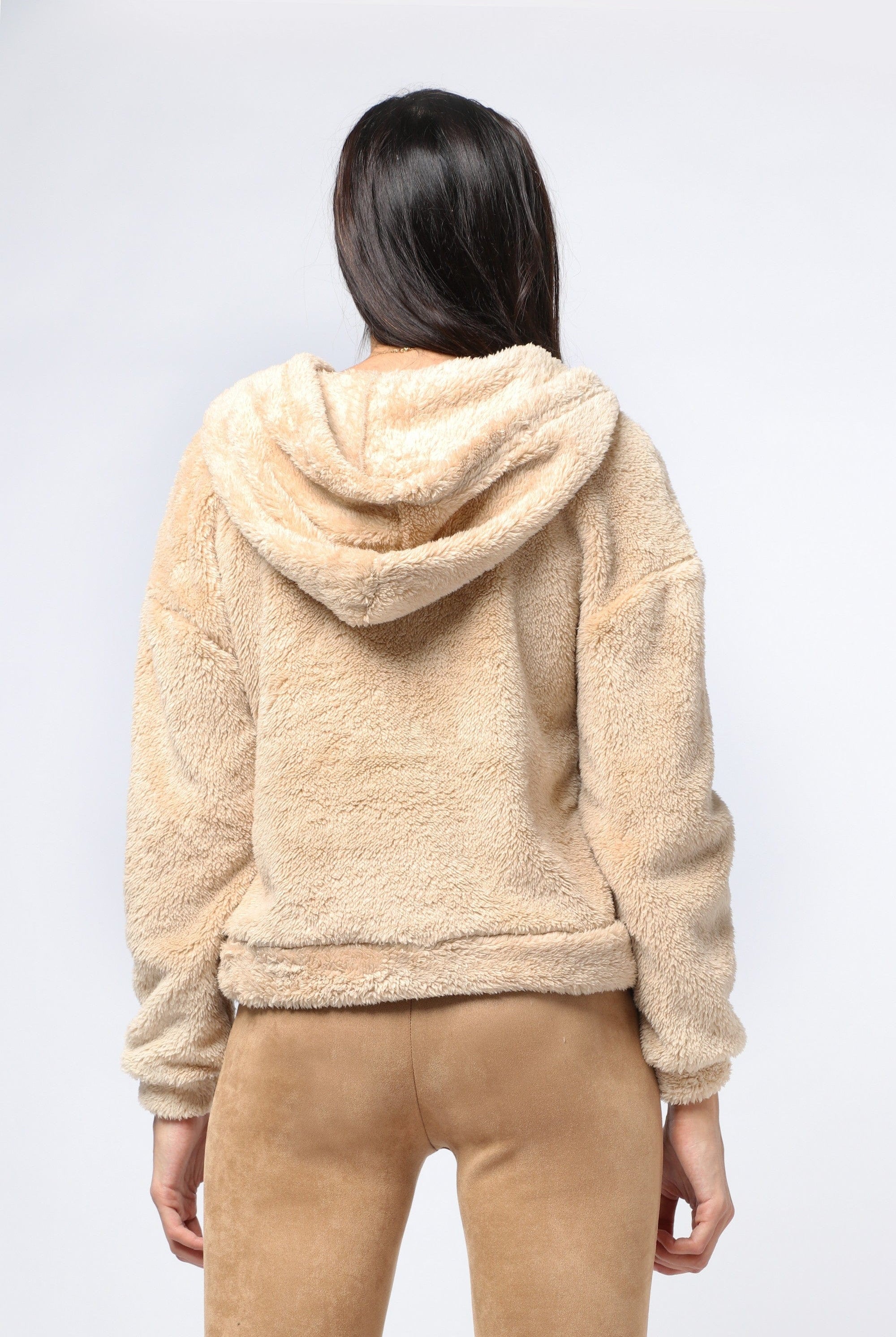 ميكا بلوزة فرو بسحاب وقبعة بأكمام طويلة