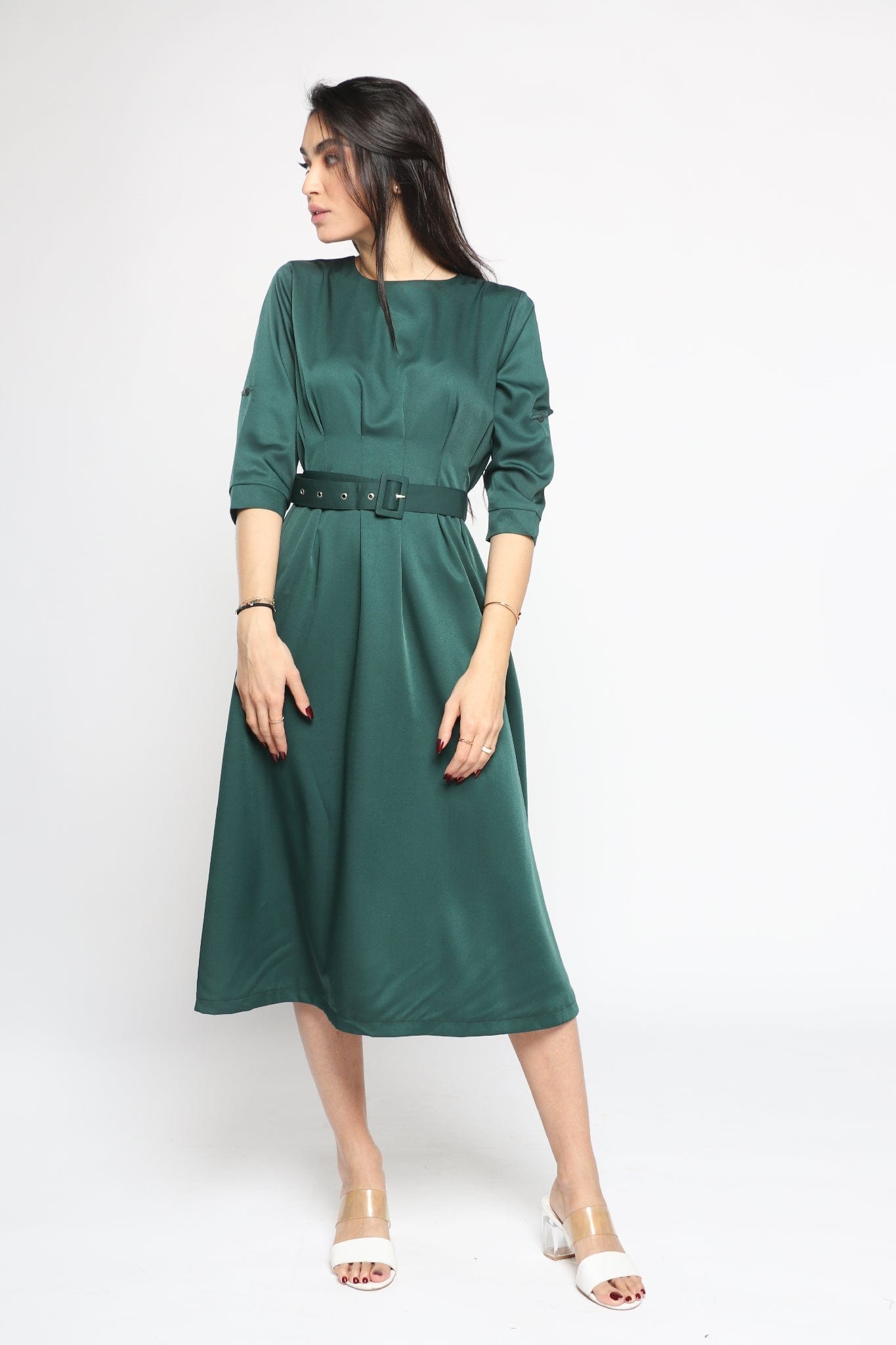 ميكا فستان ميدي سهرة بوليستر بحزام خصر كم قصير