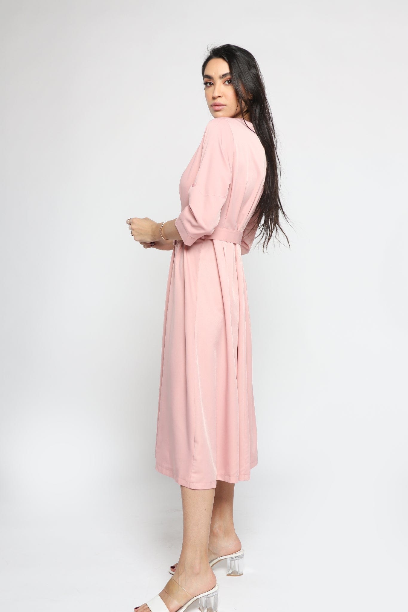 ميكا فستان ميدي سهرة بوليستر بحزام خصر كم قصير