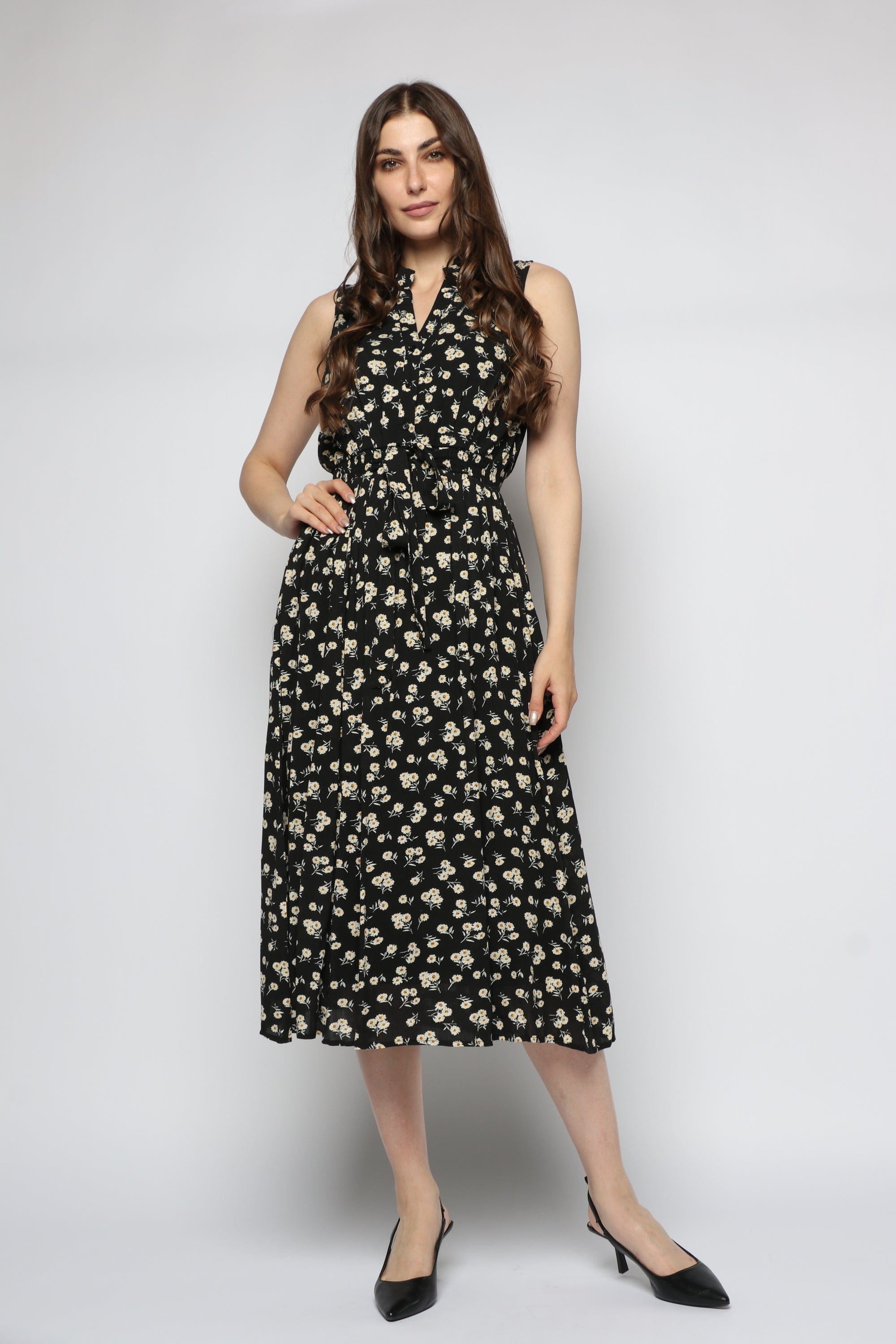 ميكا فستان ميدي بدون أكمام مشجر بحزام خصر